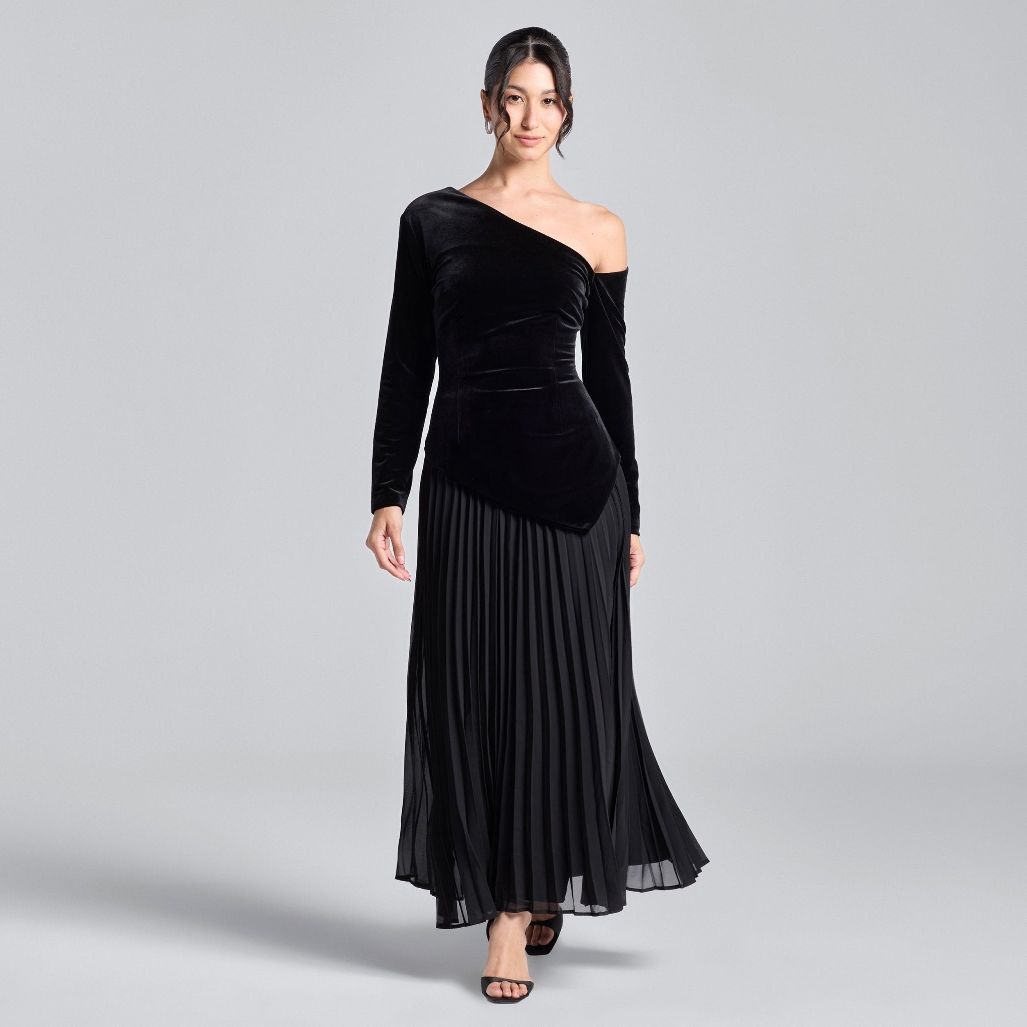Black One - Shoulder Velvet - Chiffon Maxi Dress - shopaleena