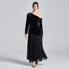 Black One - Shoulder Velvet - Chiffon Maxi Dress - shopaleena
