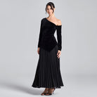 Black One - Shoulder Velvet - Chiffon Maxi Dress - shopaleena