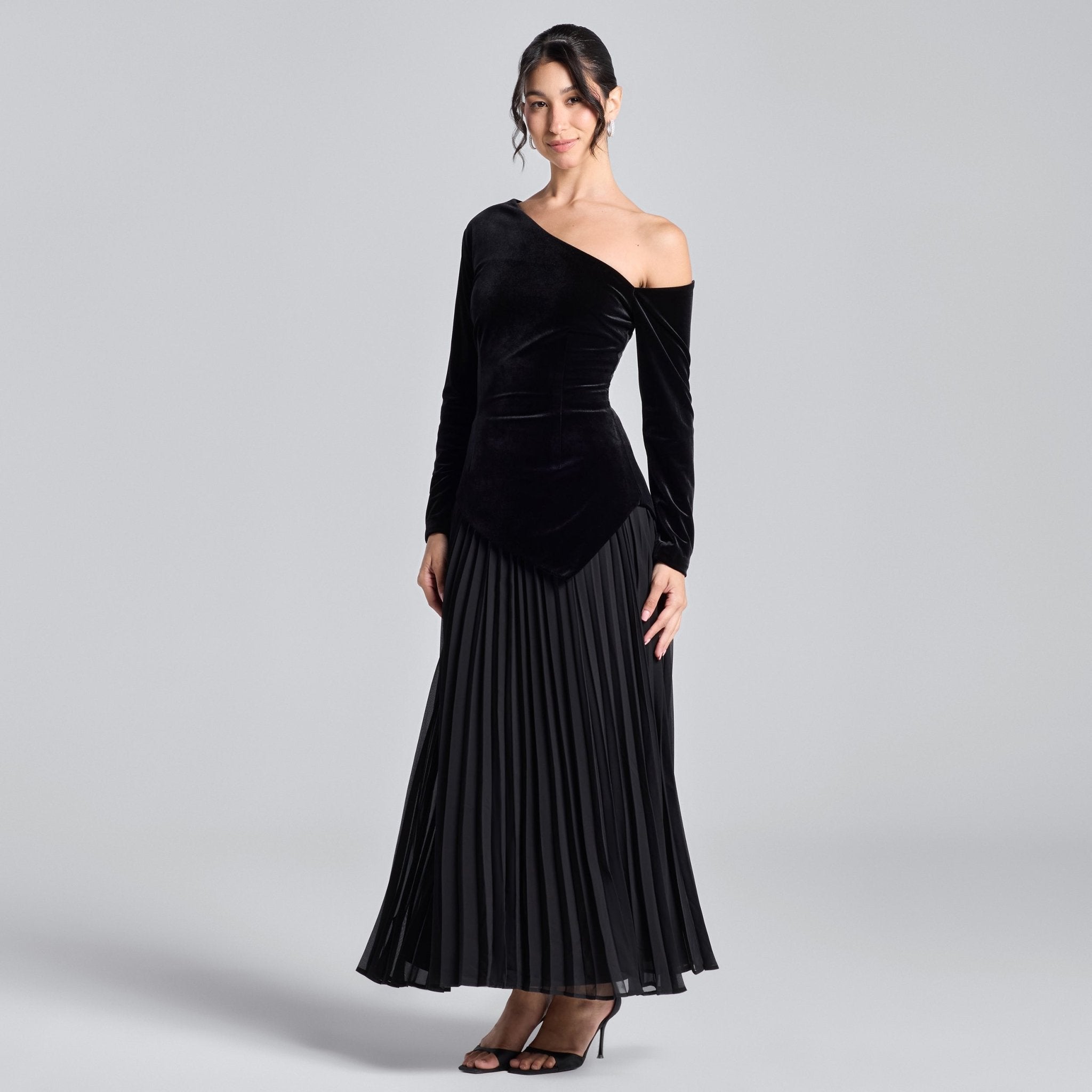 Black One - Shoulder Velvet - Chiffon Maxi Dress - shopaleena