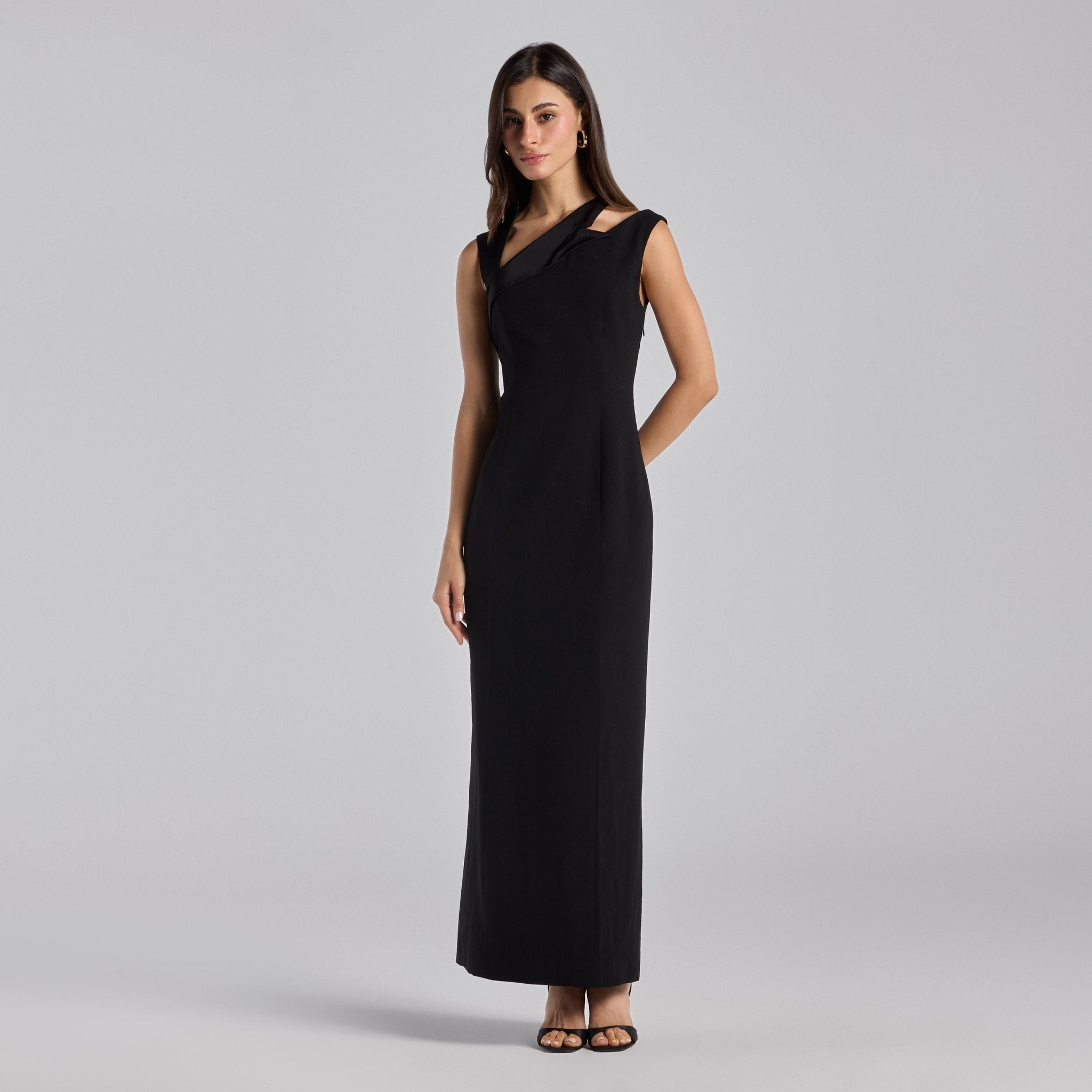 Black Satin - Trimmed Crepe Maxi Dress - shopaleena