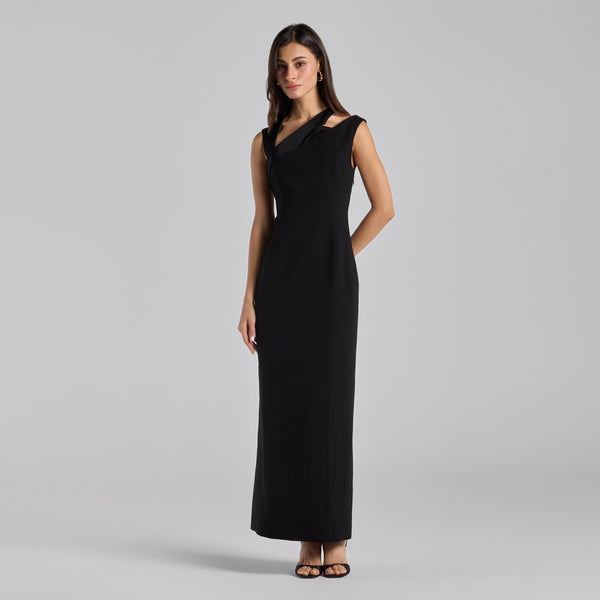 Black Satin-Trimmed Crepe Maxi Dress – shopaleena