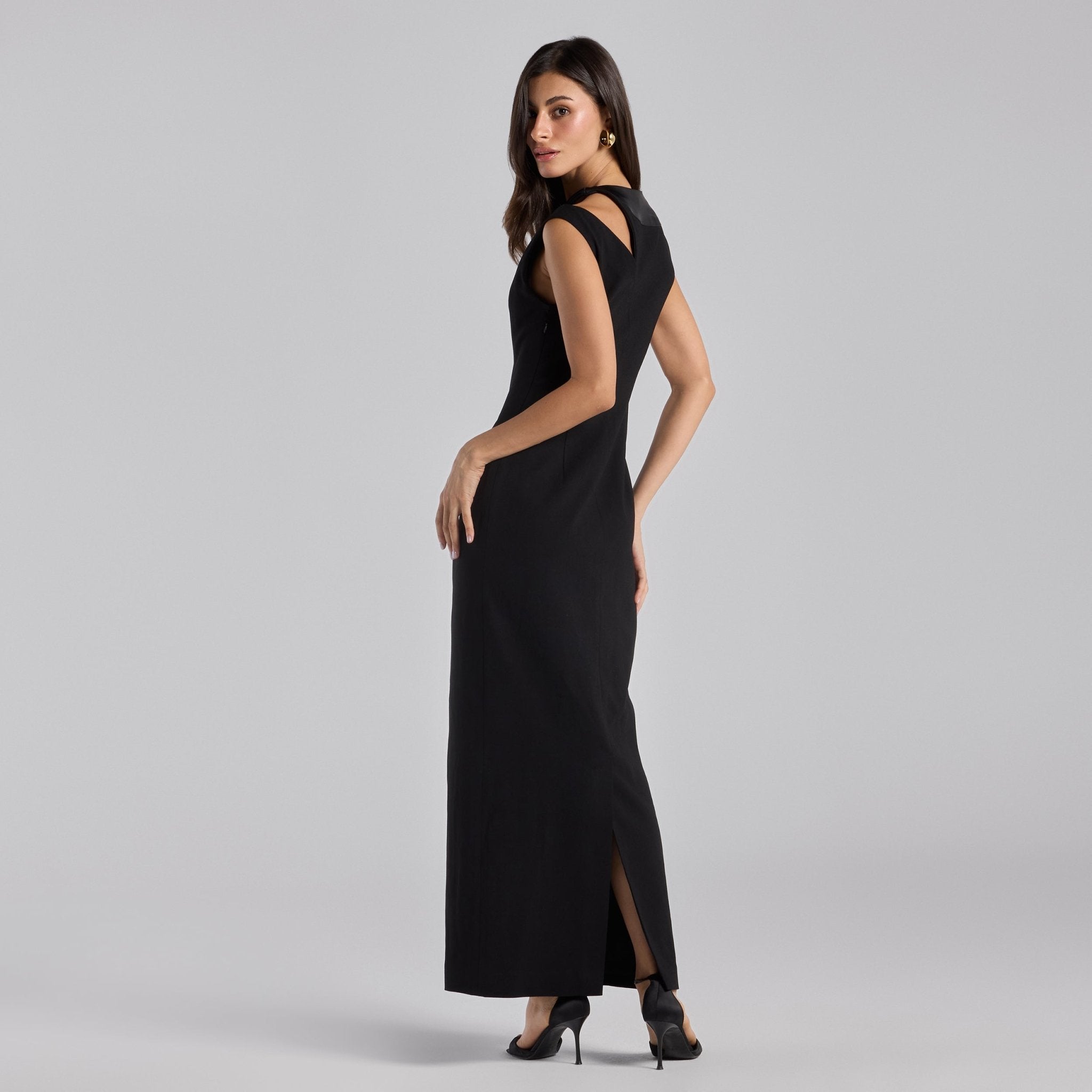 Black Satin - Trimmed Crepe Maxi Dress - shopaleena