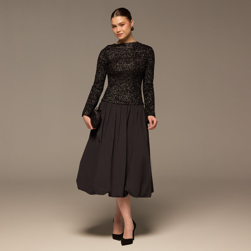Black Sequin & Cotton Poplin Midi Dress - shopaleena