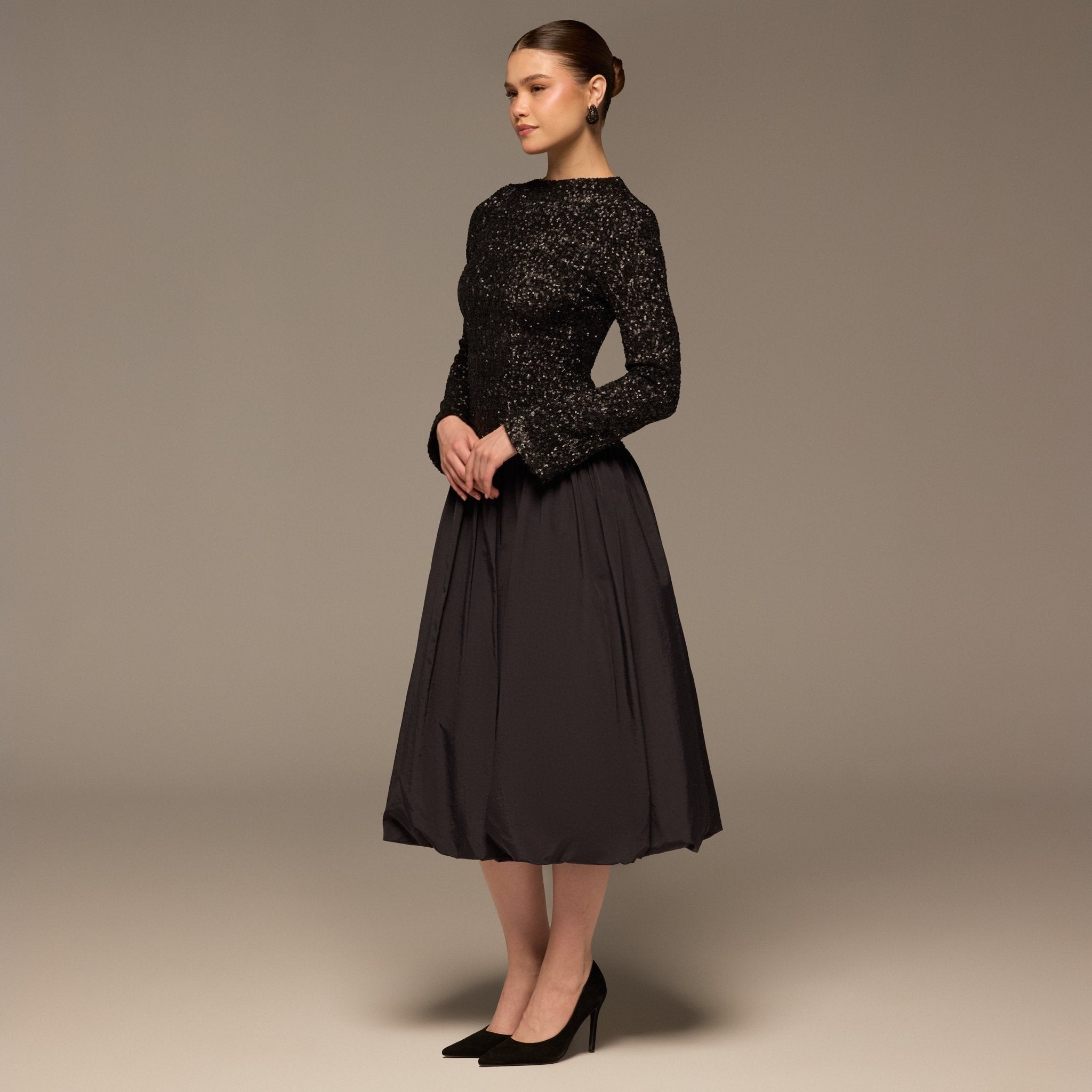 Black Sequin & Cotton Poplin Midi Dress - shopaleena