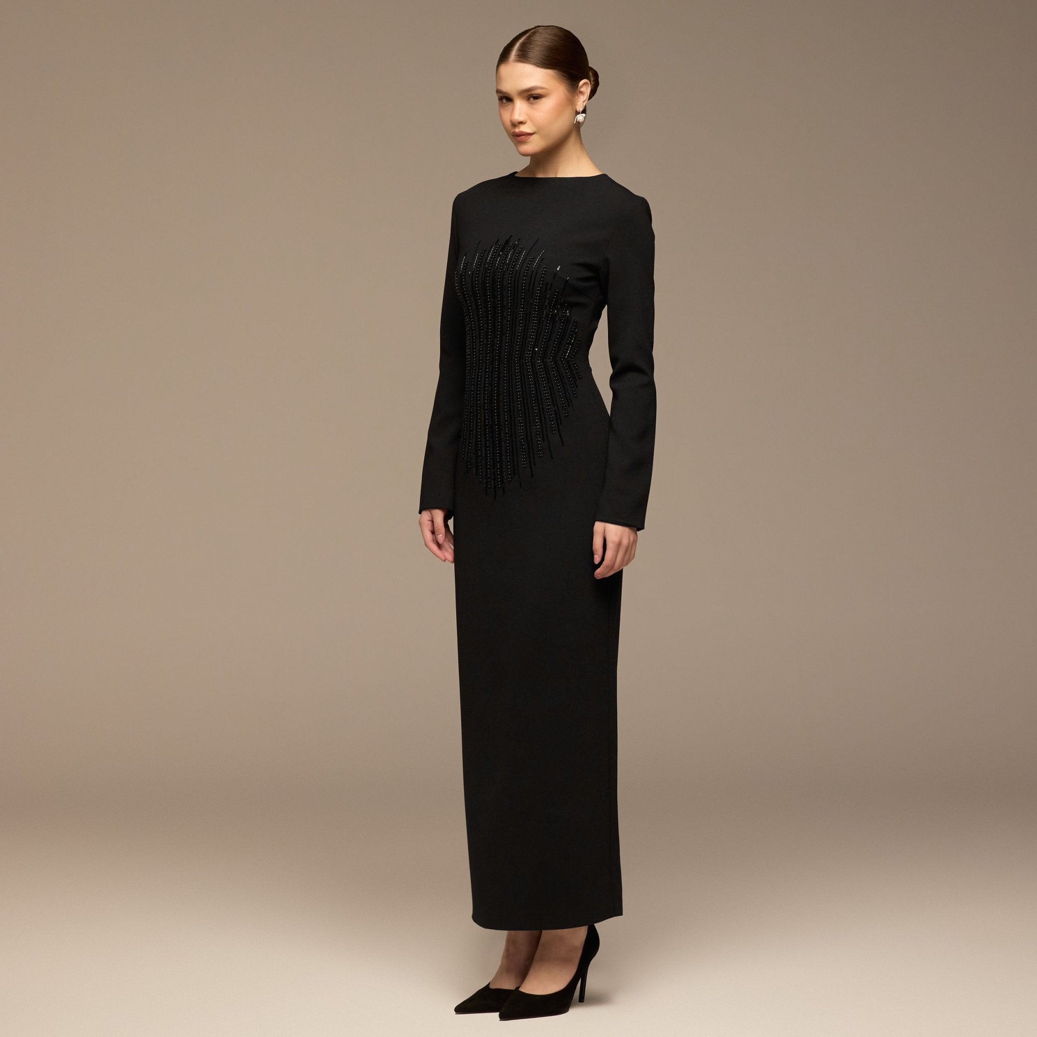 Black Sequined Crepe Maxi Dress - shopaleena