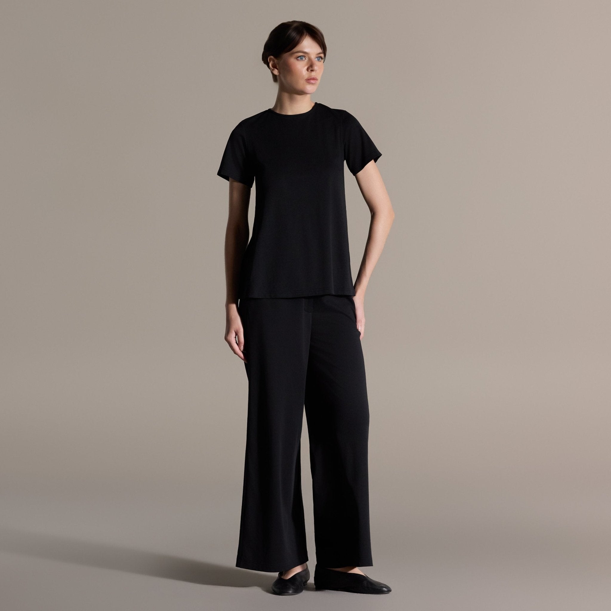Black Short Sleeve Top & Wide Leg Pants Set - shopaleena