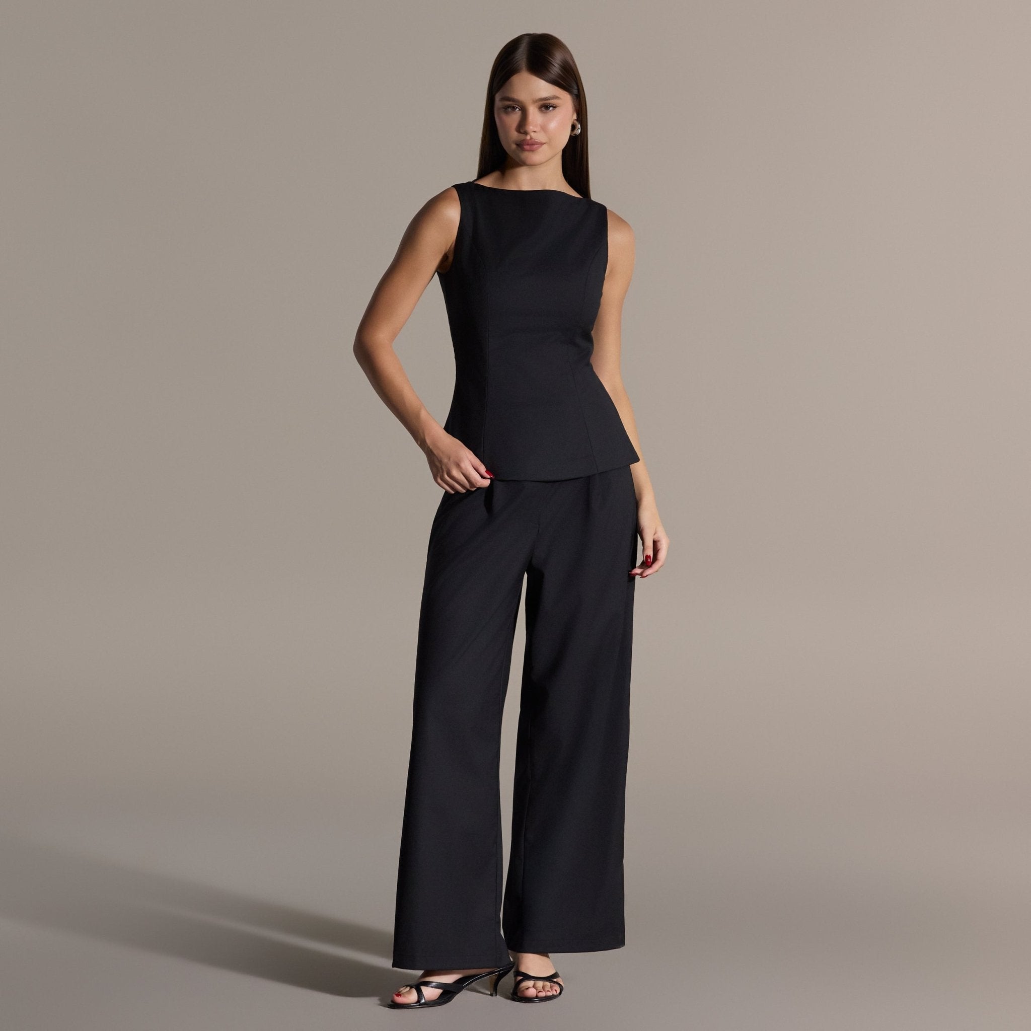 Black Sleeveless Boat Neck Peplum Top - shopaleena