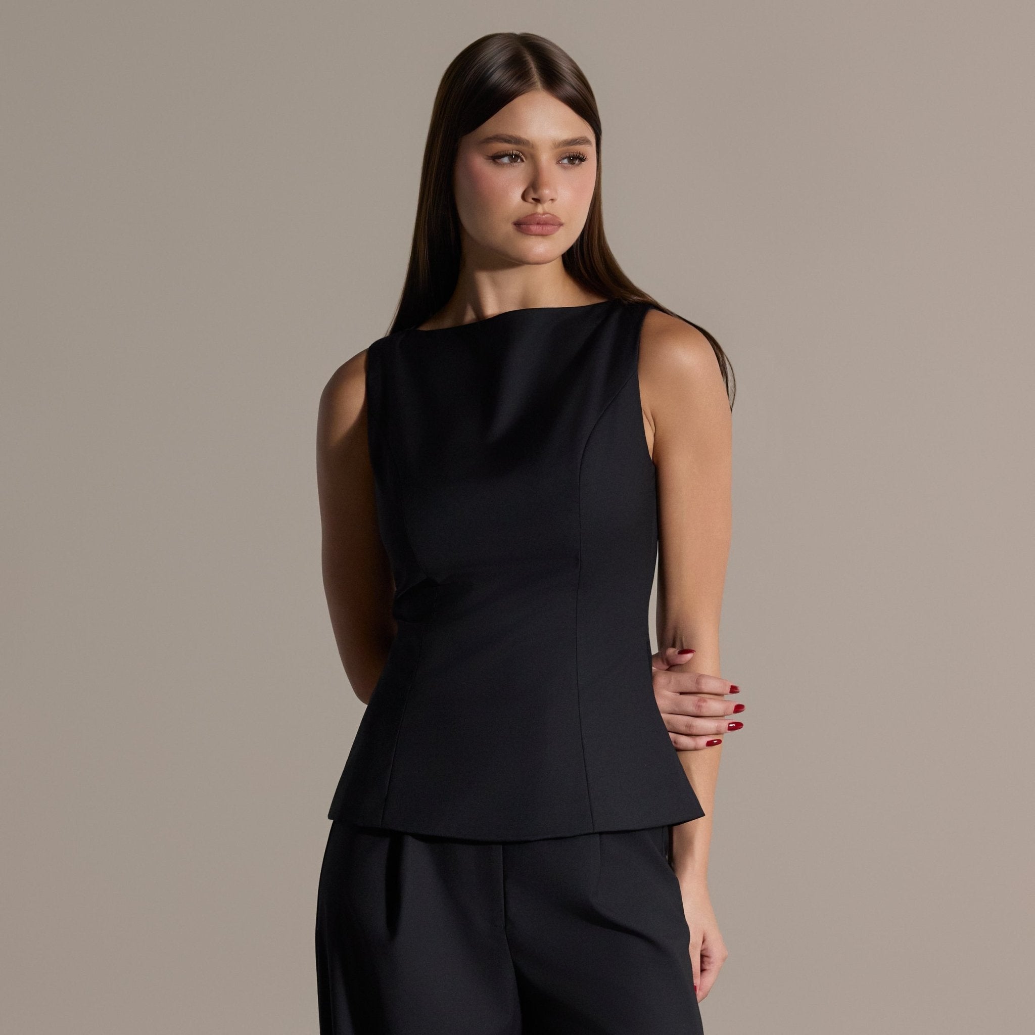 Black Sleeveless Boat Neck Peplum Top - shopaleena