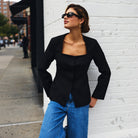 Black Square Neckline Blazer - shopaleena