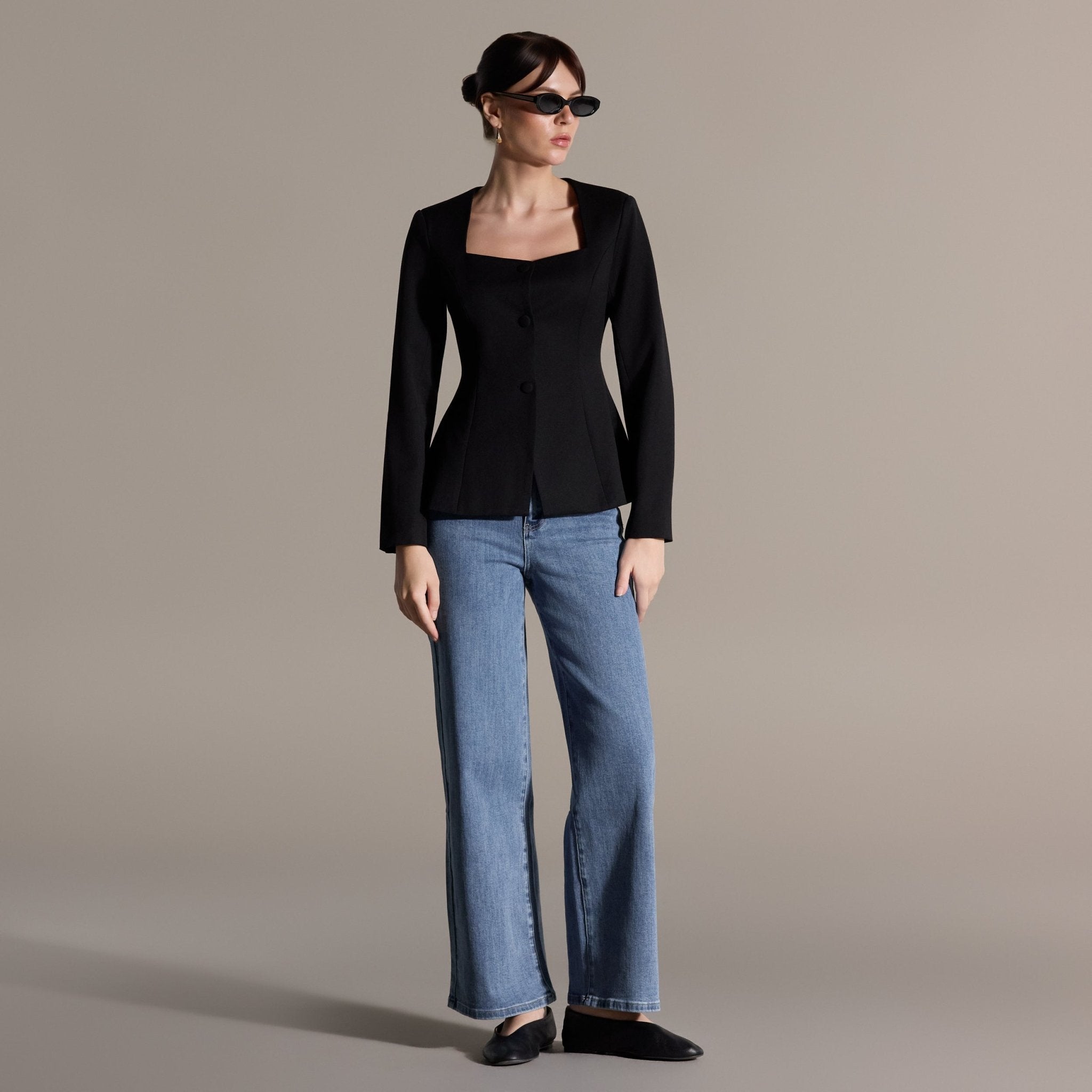 Black Square Neckline Blazer - shopaleena