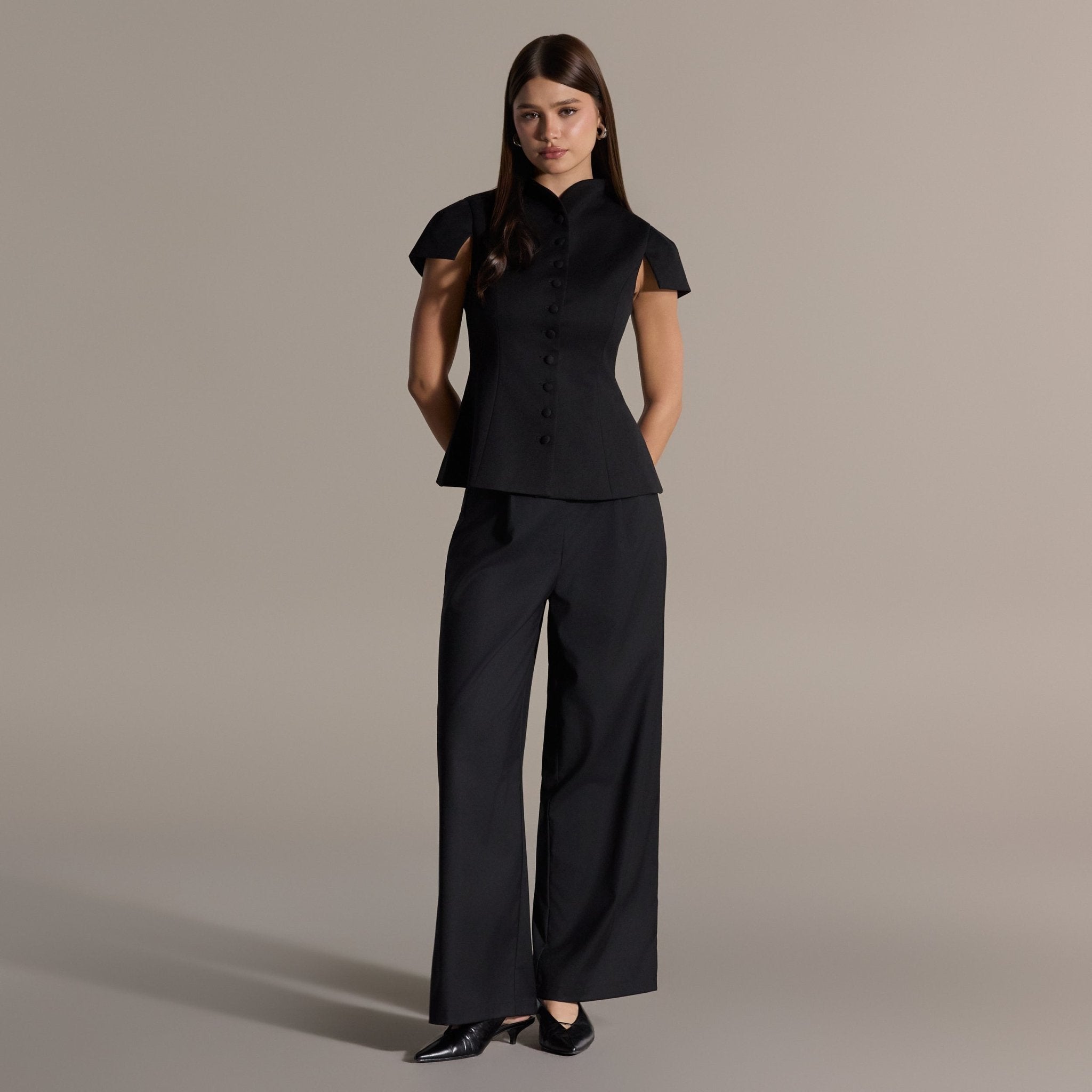 Black Stand Collar Peplum Blouse - shopaleena
