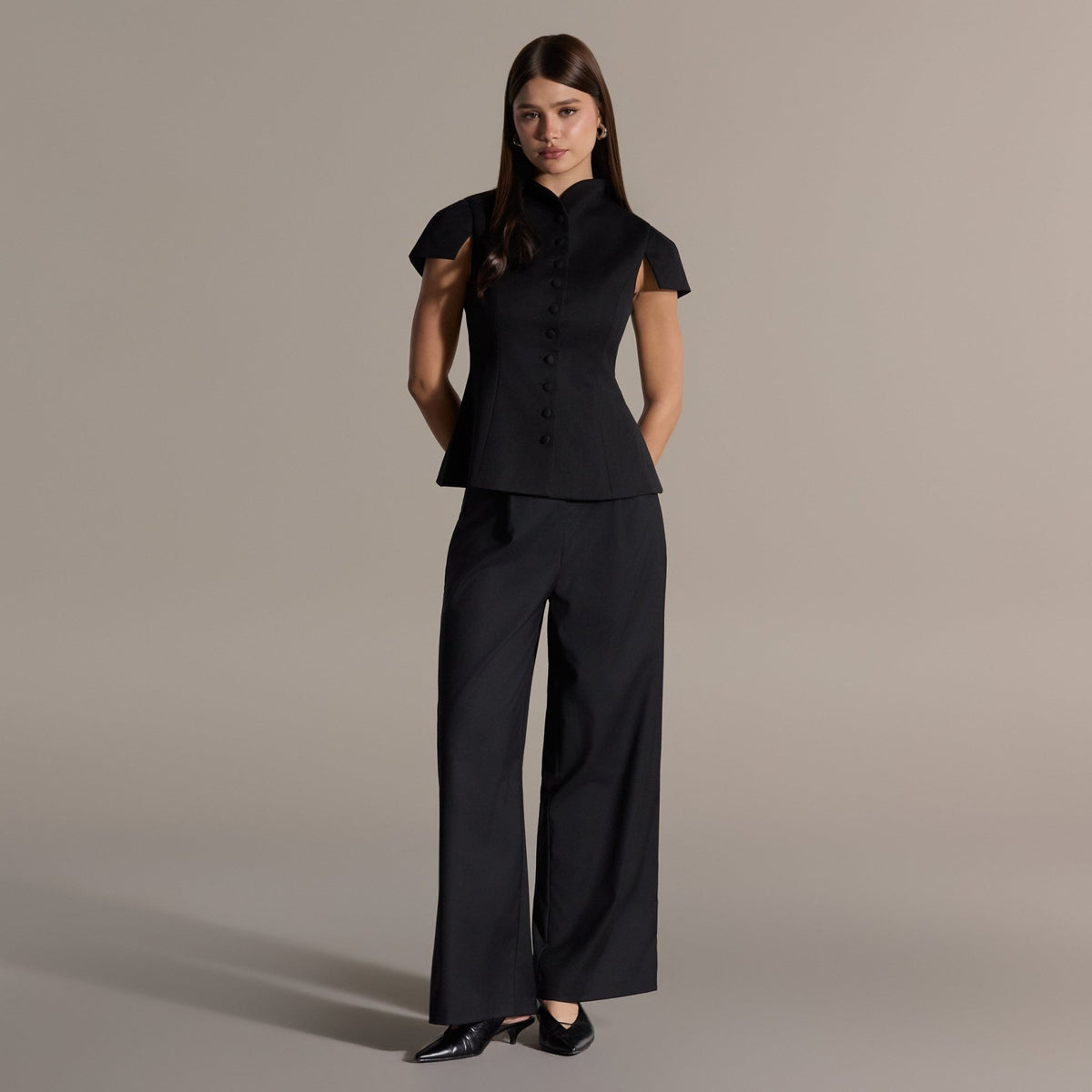 Black Stand Collar Peplum Blouse - shopaleena