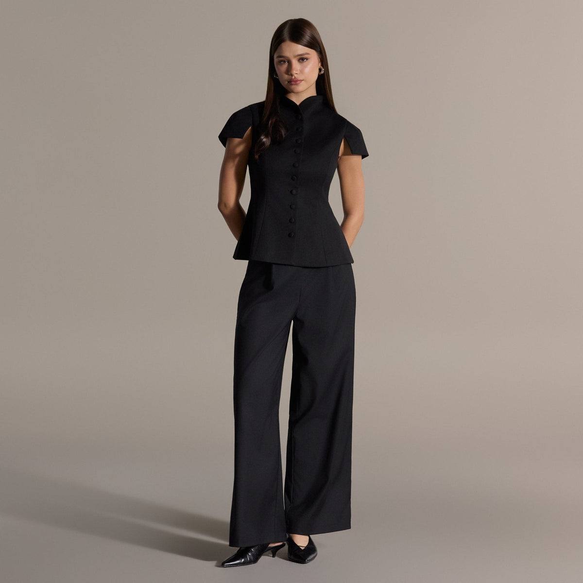 Black Stand Collar Peplum Blouse - shopaleena