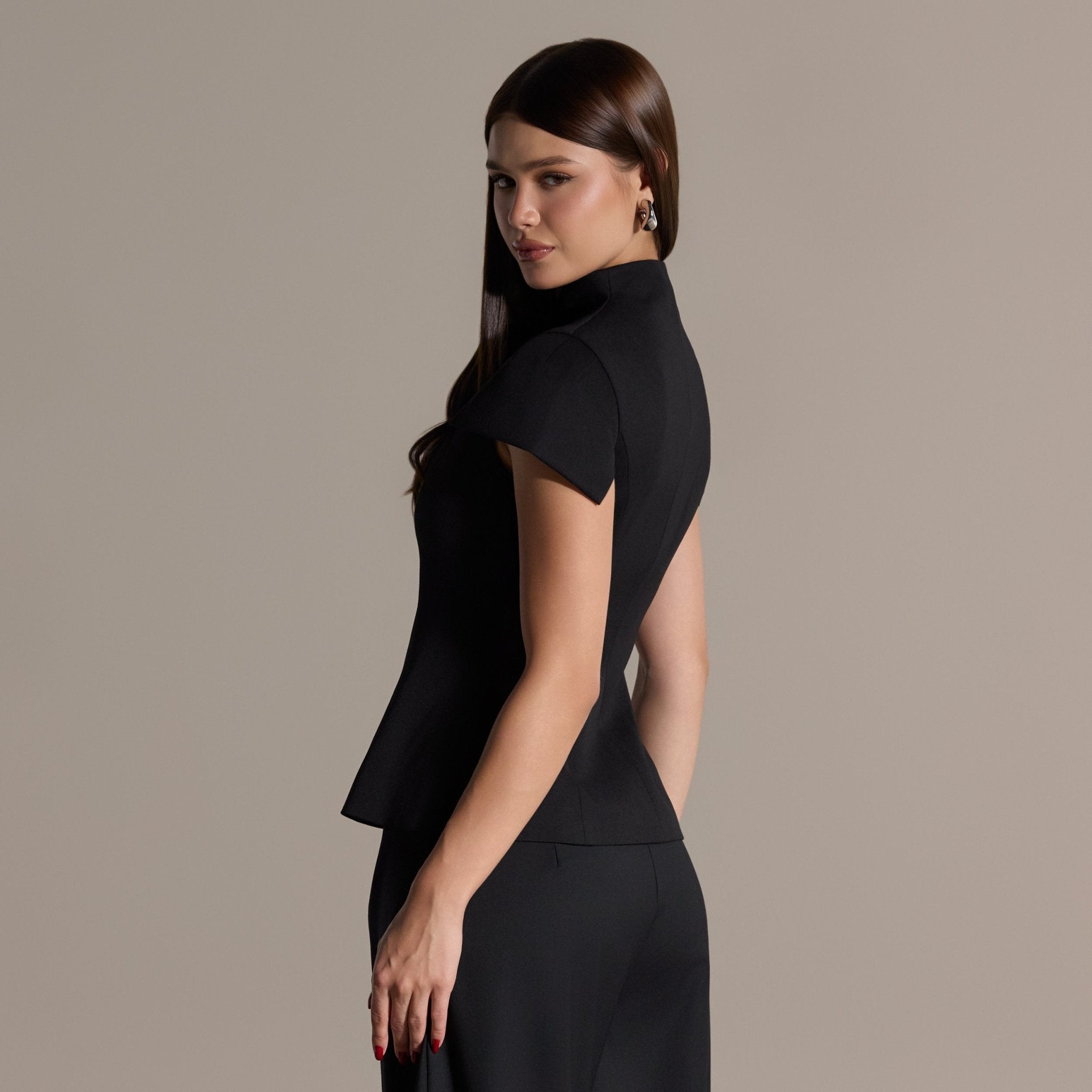 Black Stand Collar Peplum Blouse - shopaleena