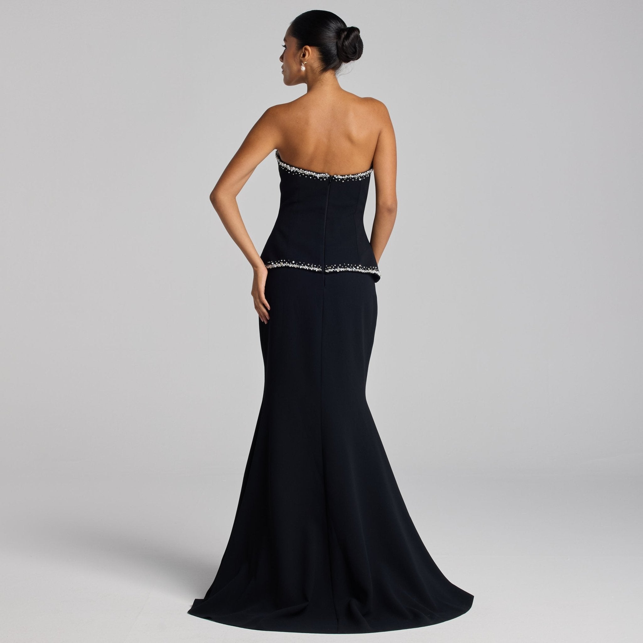 Black Strapless Crepe Gown with Pearl Trim - shopaleena
