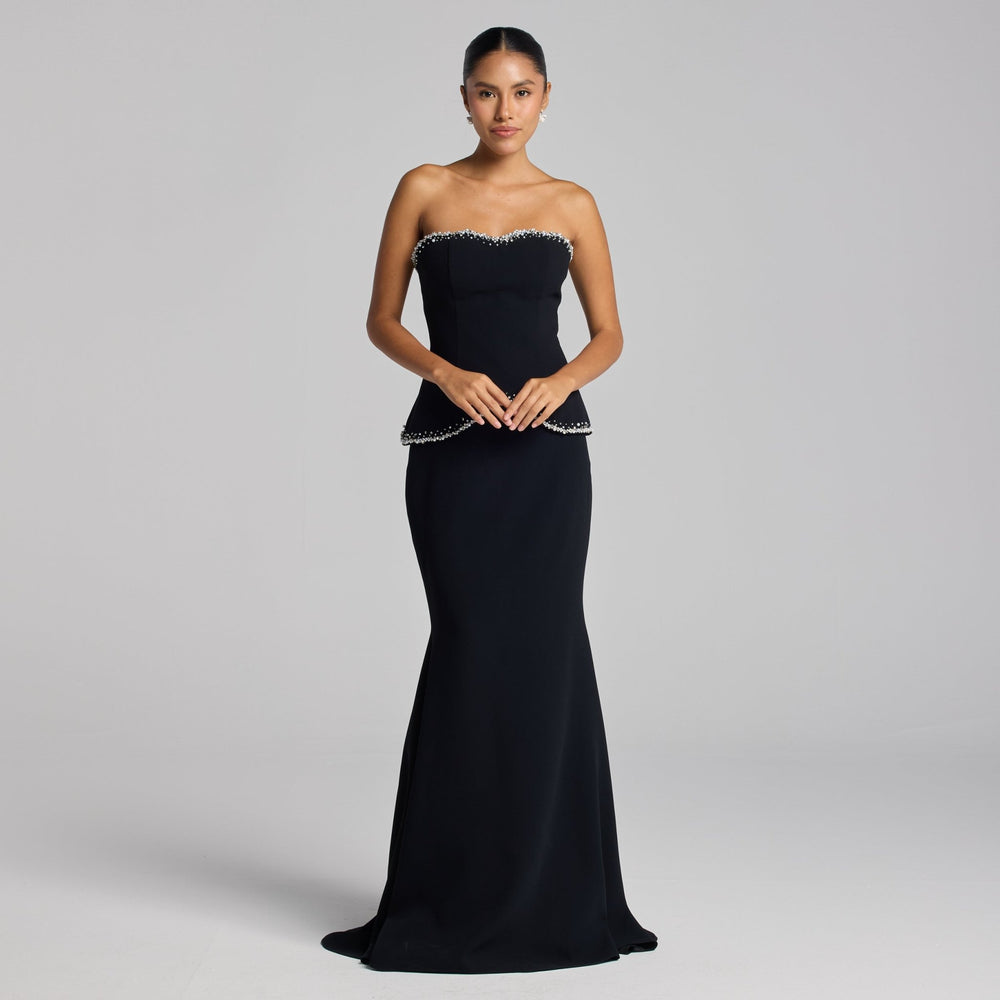 Black Strapless Crepe Gown with Pearl Trim - shopaleena