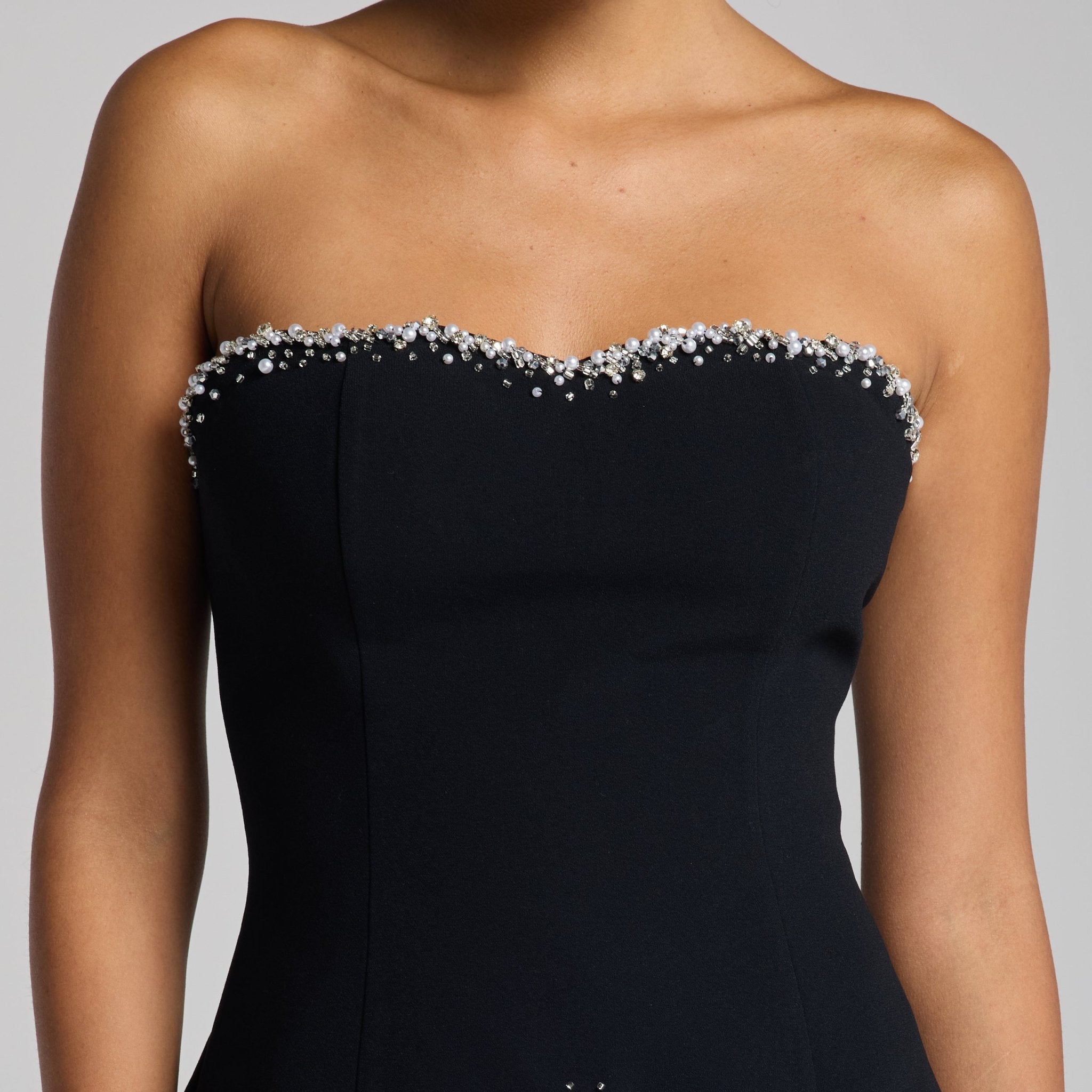 Black Strapless Crepe Gown with Pearl Trim - shopaleena