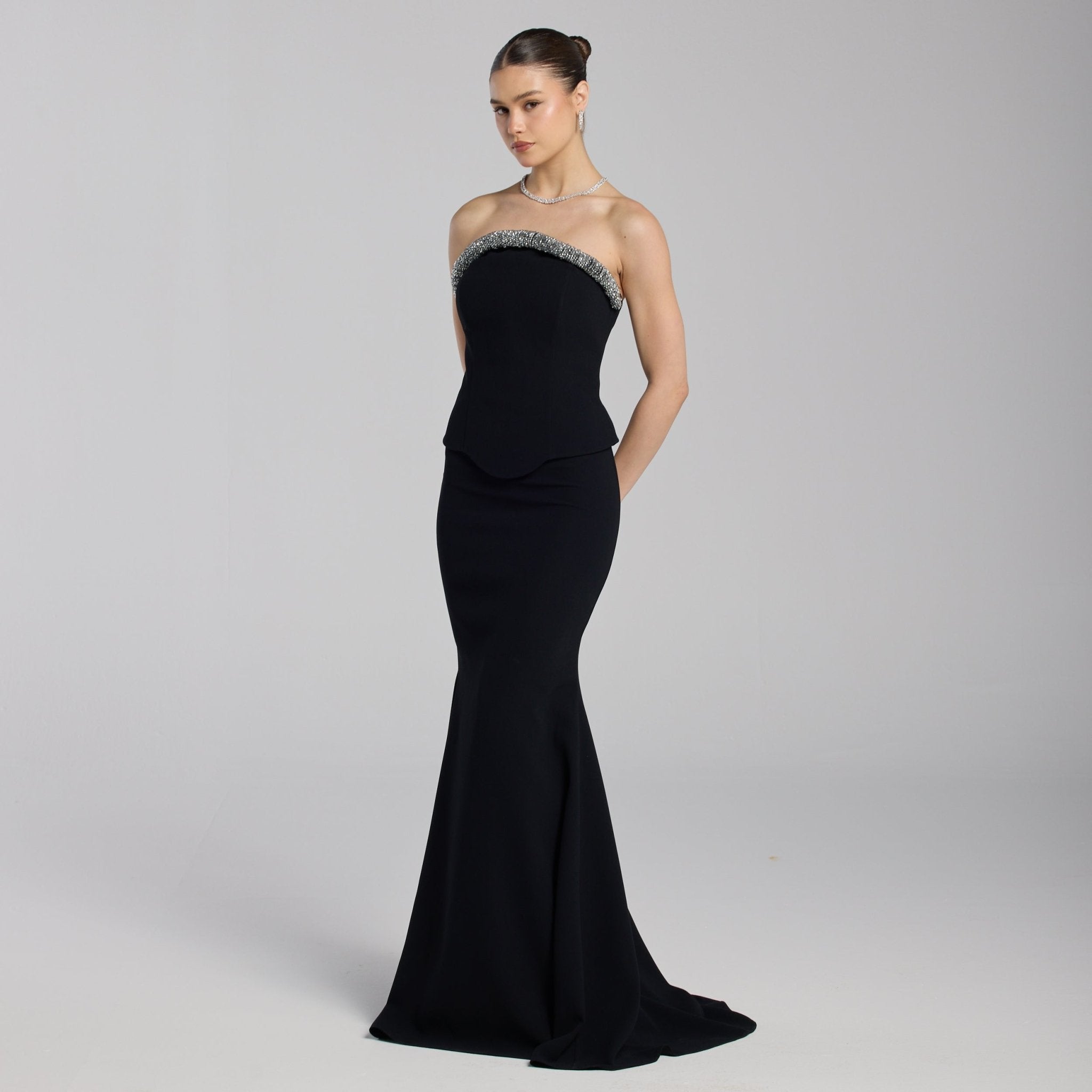 Black Strapless Crepe Gown - shopaleena