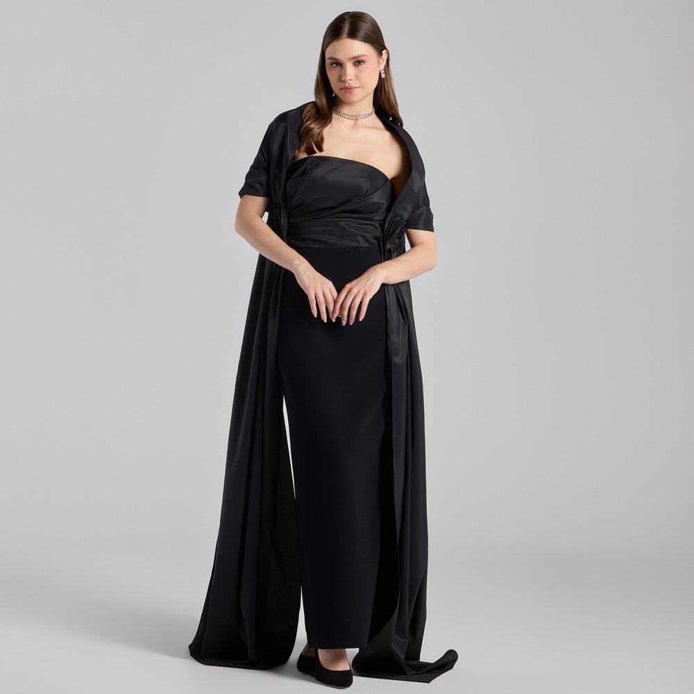 Black Strapless Maxi Dress with Puff Cape Sleeves - shopaleena