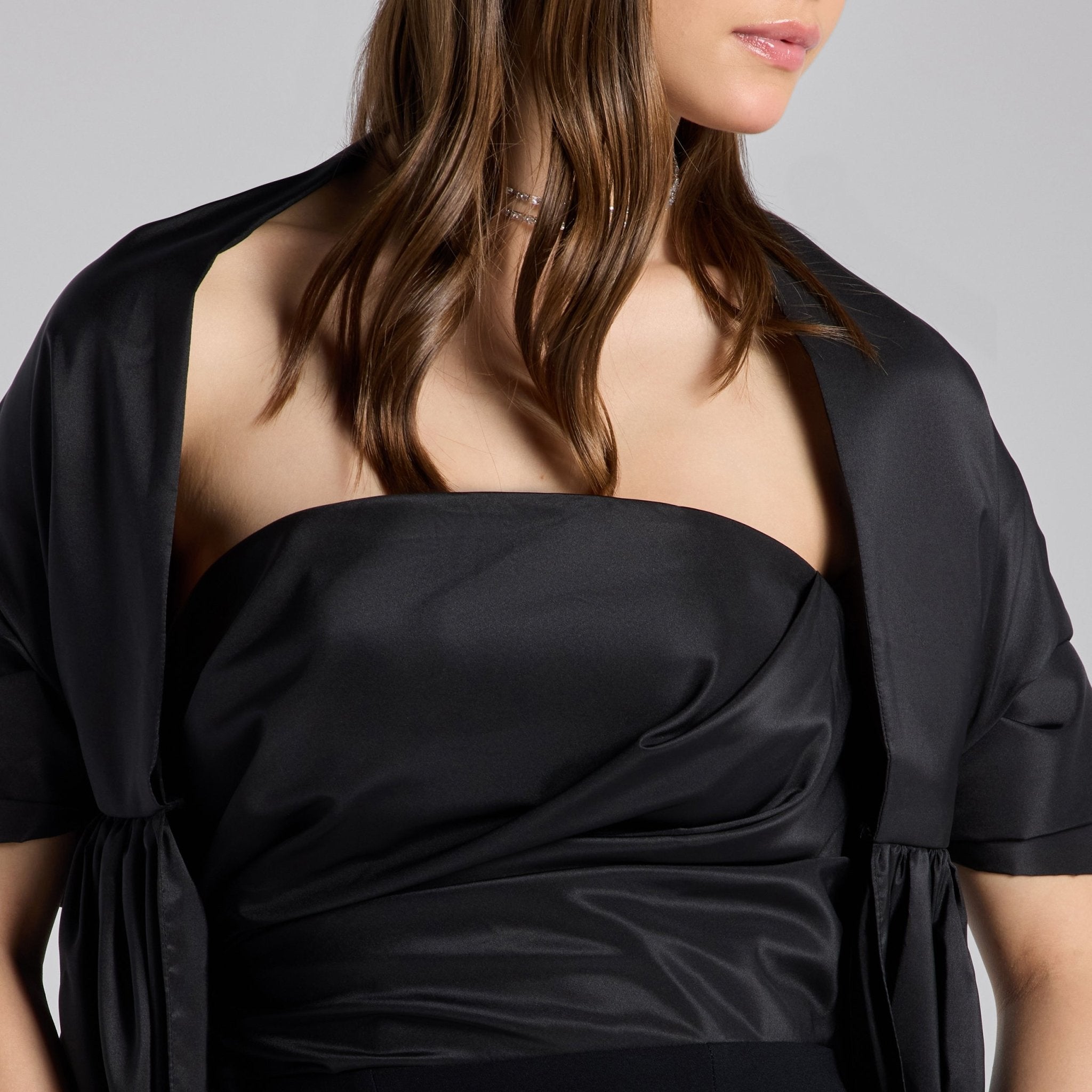Black Strapless Maxi Dress with Puff Cape Sleeves - shopaleena