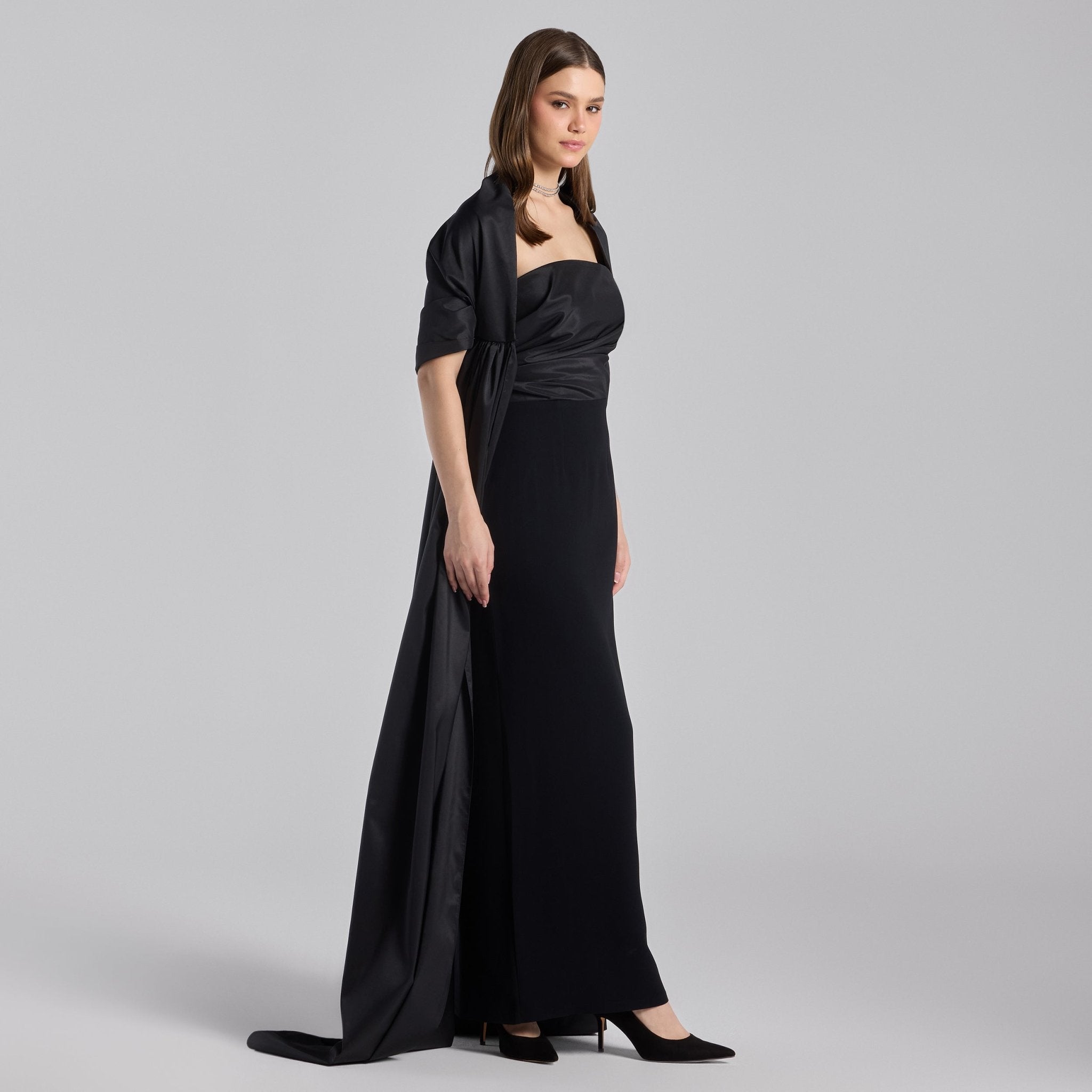 Black Strapless Maxi Dress with Puff Cape Sleeves - shopaleena