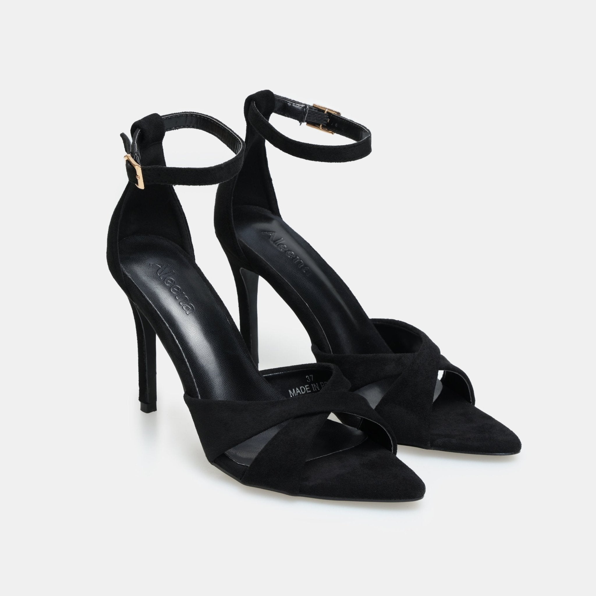 Black Suede Cross - Strap High Heel Sandals - shopaleena
