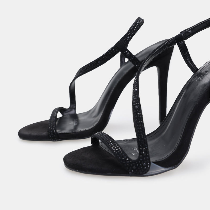 Black Suede Crystal High Heel Sandals