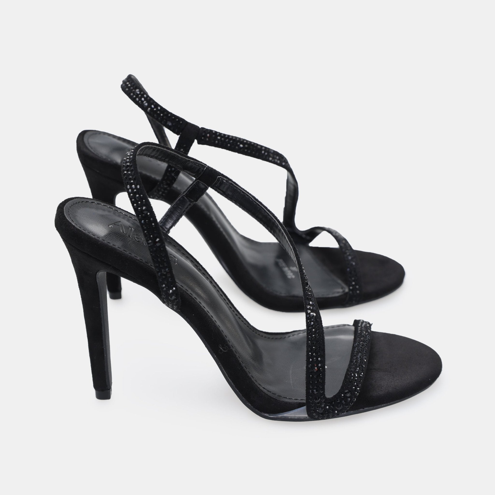 Black Suede Crystal High Heel Sandals - shopaleena