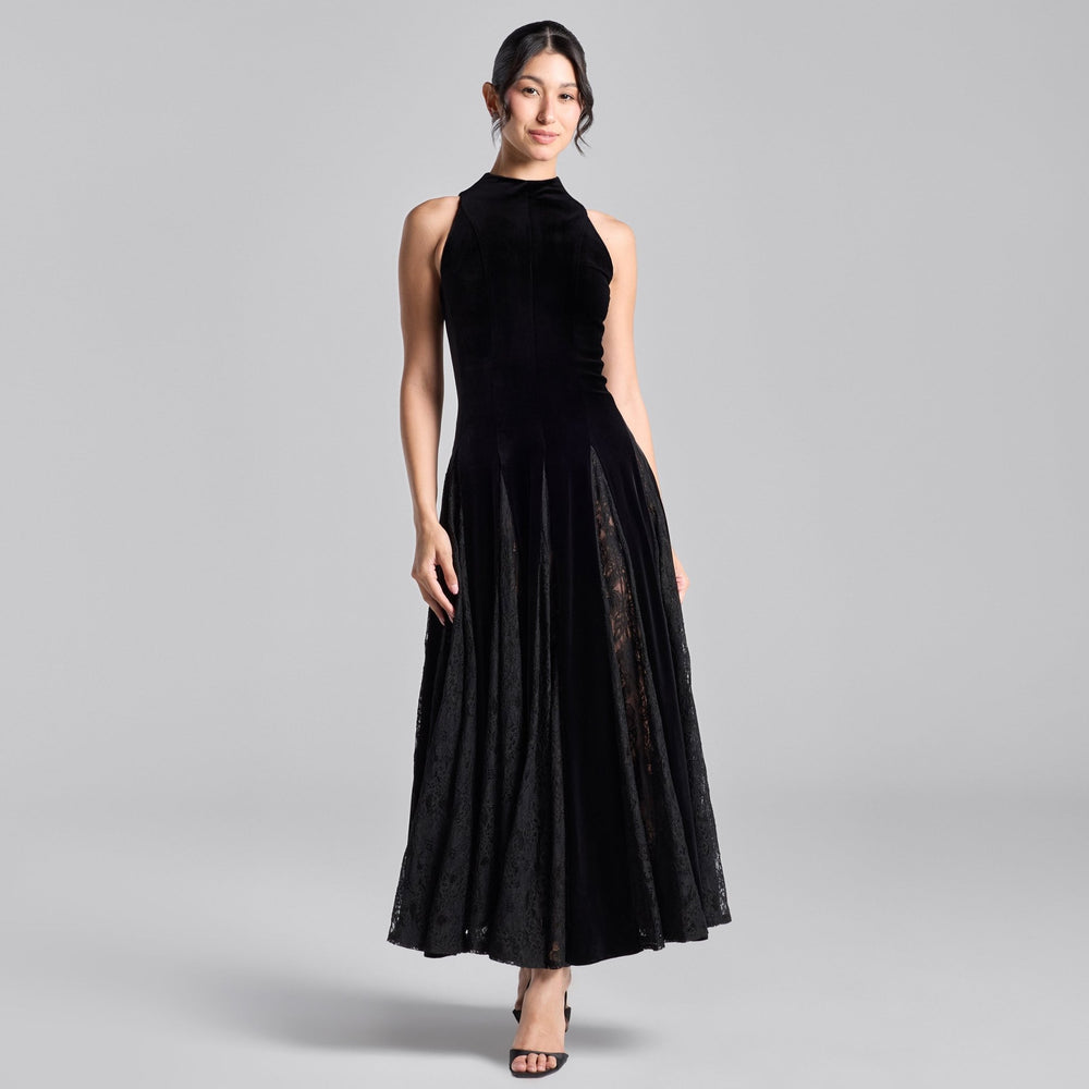 Black Turtleneck Velvet Dress with Lace Godets - shopaleena