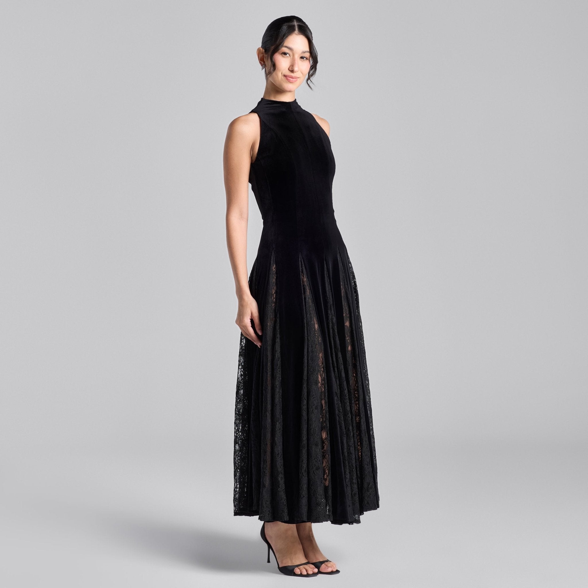 Black Turtleneck Velvet Dress with Lace Godets - shopaleena