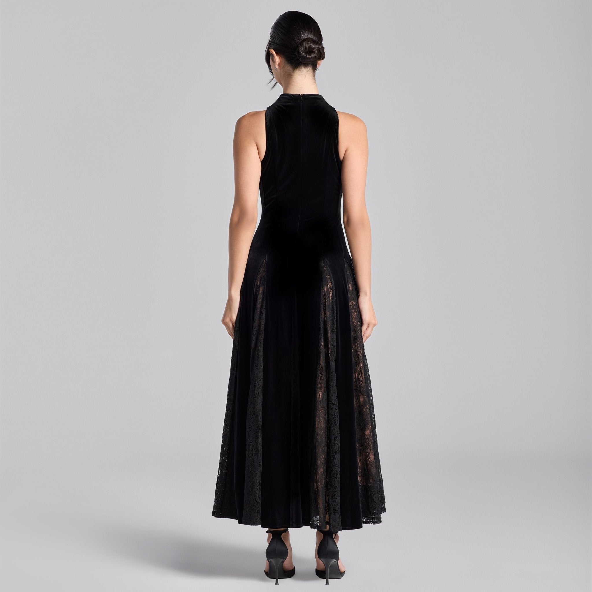 Black Turtleneck Velvet Dress with Lace Godets - shopaleena