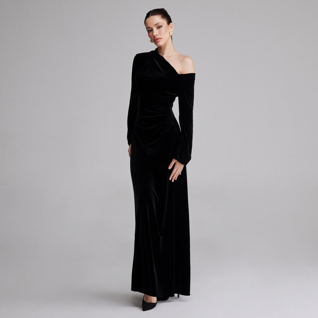 Black Velvet Bare Shoulder Maxi Dress - shopaleena