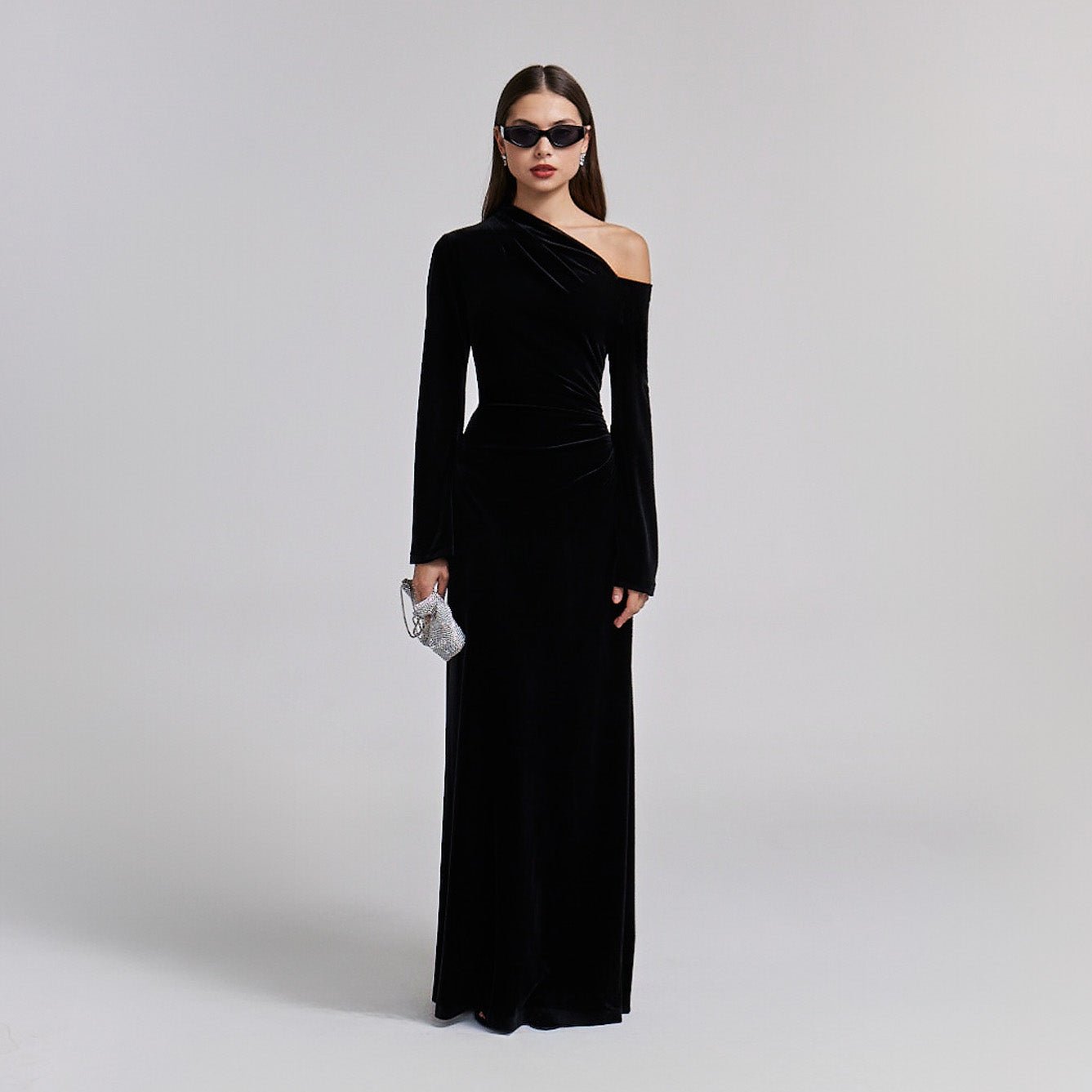 Black Velvet Bare Shoulder Maxi Dress - shopaleena