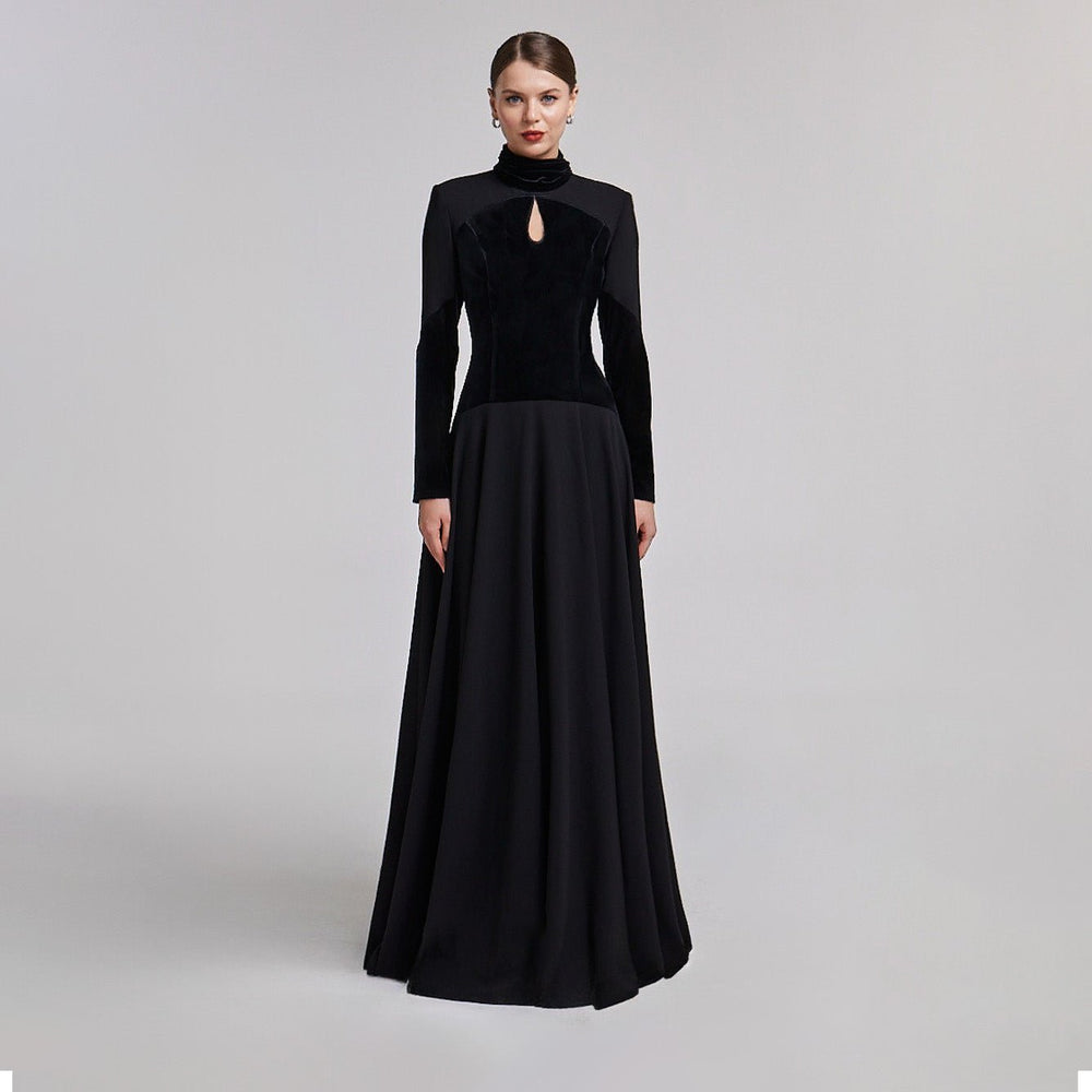 Black Velvet-Crepe Maxi Dress with Pleated Skirt shopaleena Black Velvet-Crepe Maxi Dress with Pleated Skirt shopaleena