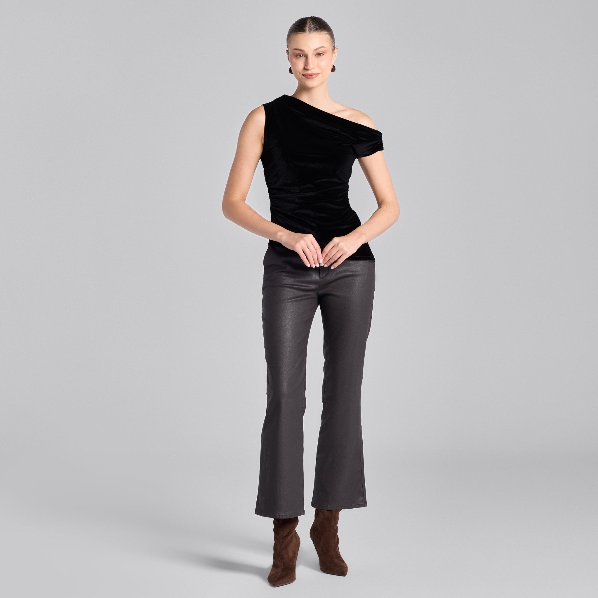 Black Velvet Drape Off - Shoulder Top - shopaleena