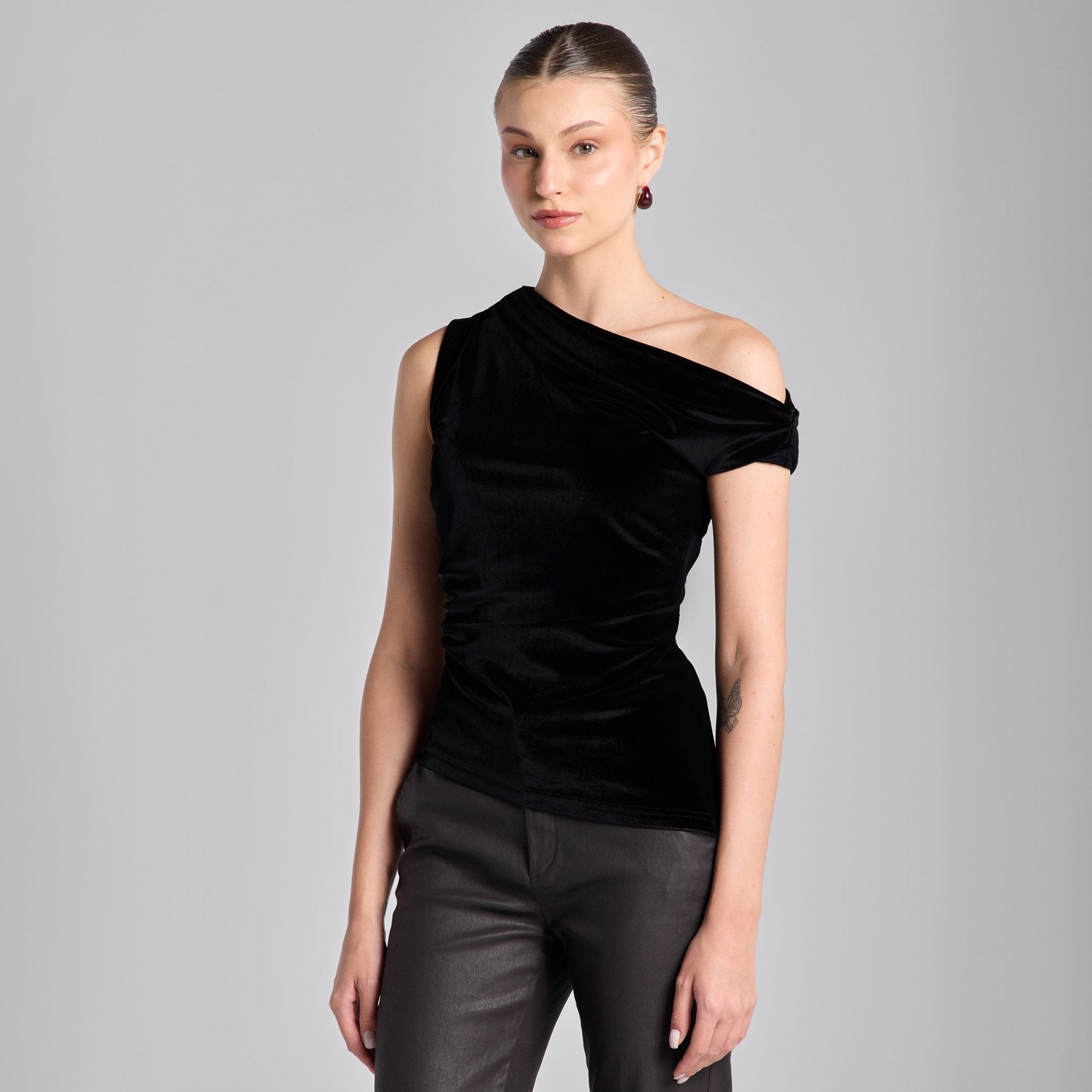Black Velvet Drape Off - Shoulder Top - shopaleena