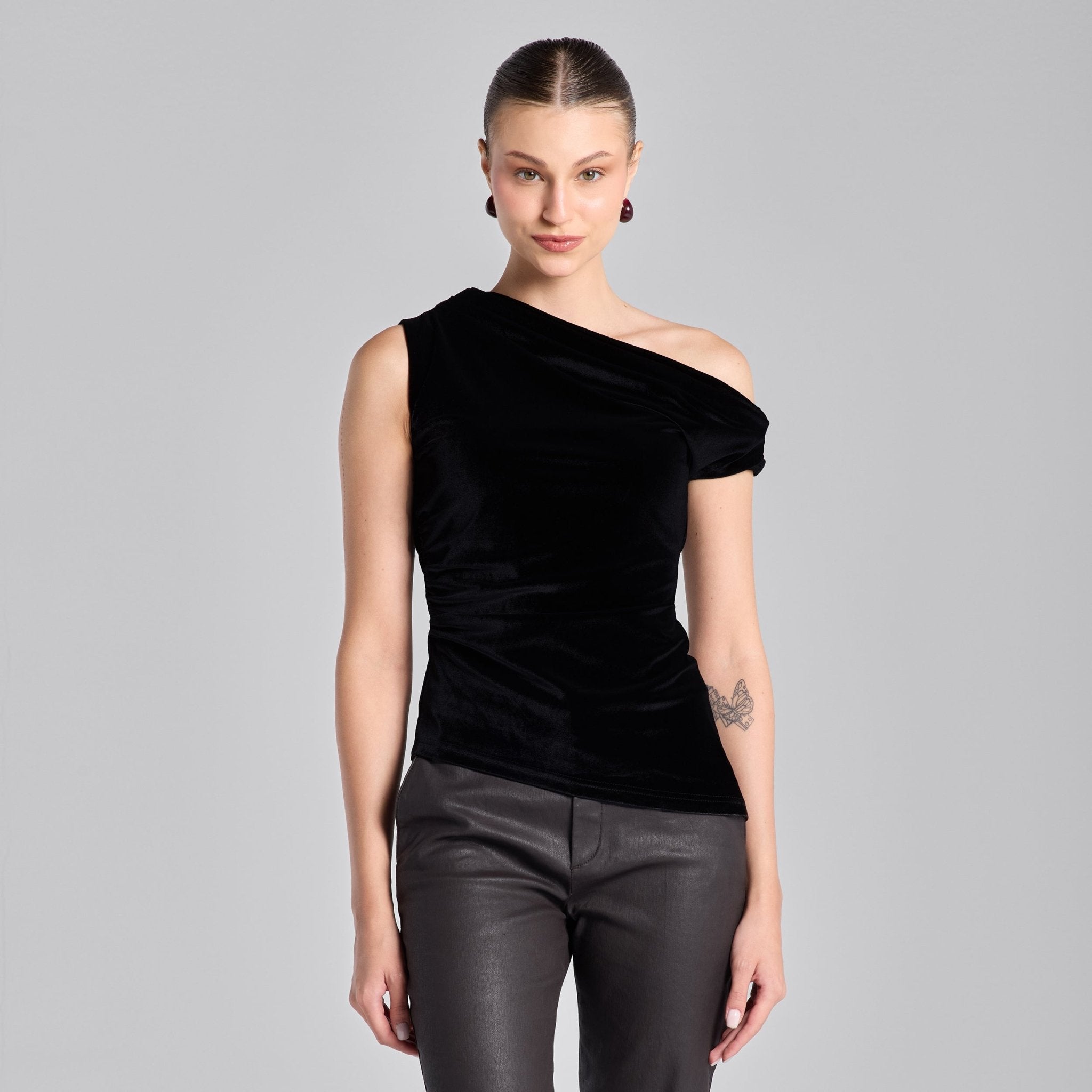 Black Velvet Drape Off - Shoulder Top - shopaleena