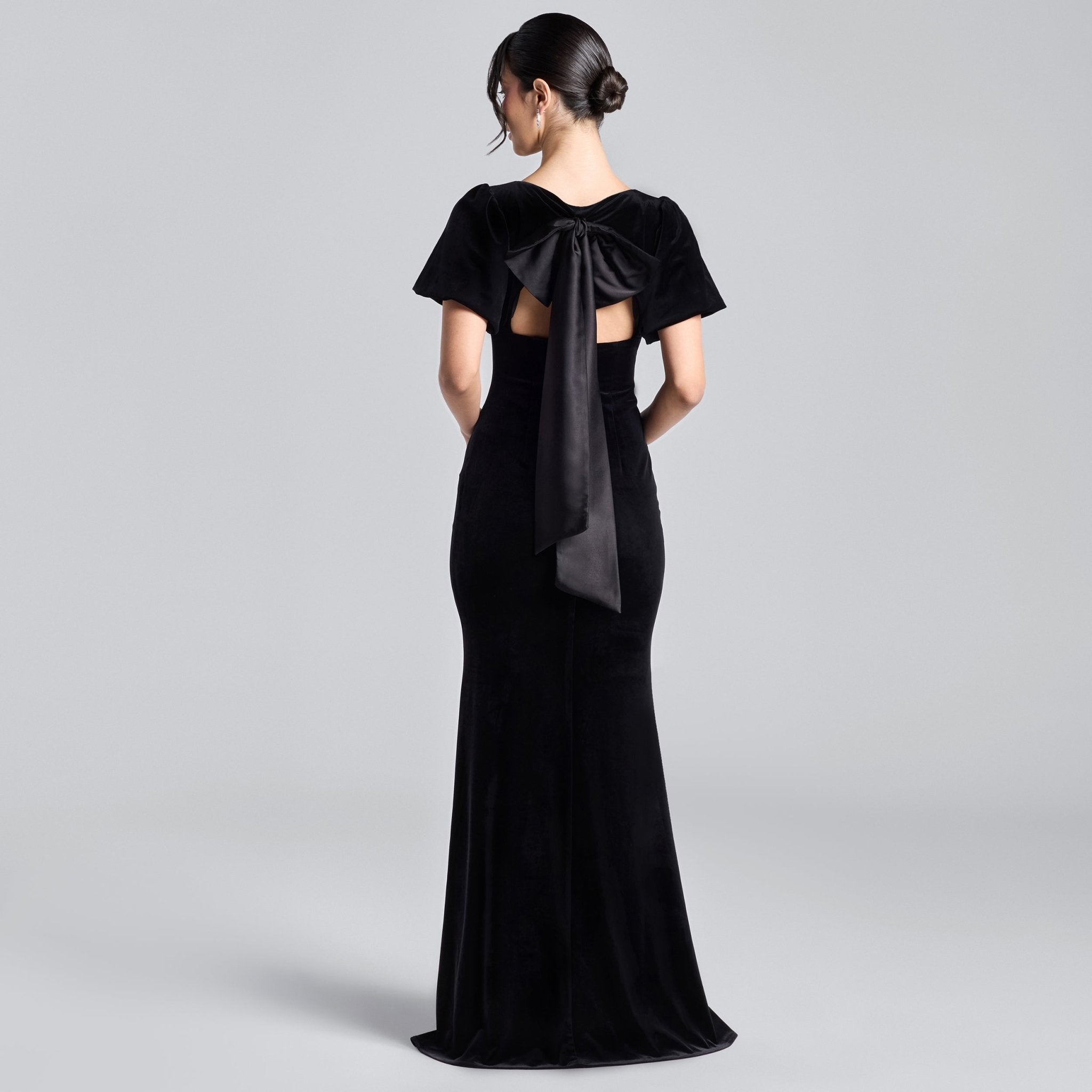 Black Velvet Dress with Back Satin Bow - shopaleena