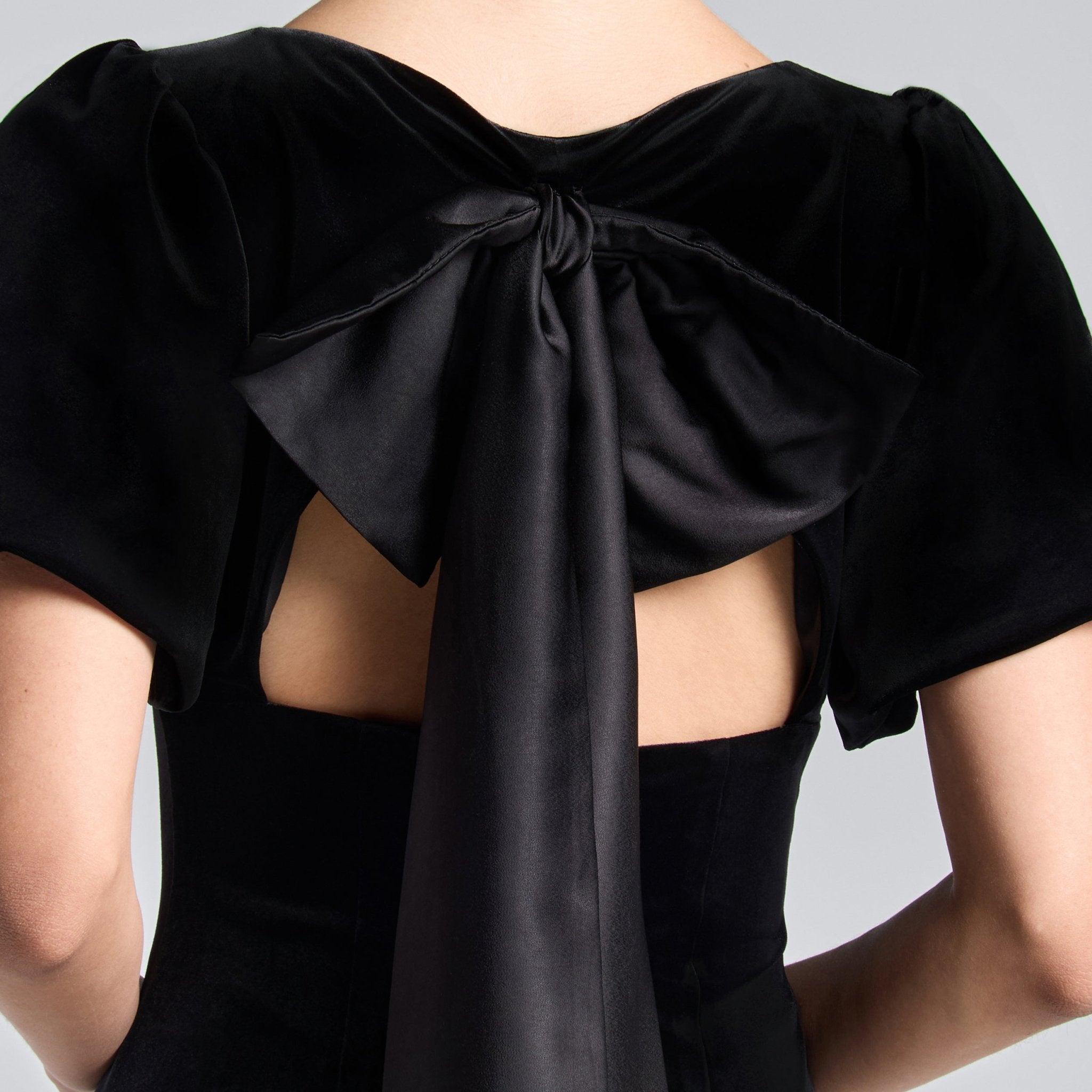 Black Velvet Dress with Back Satin Bow - shopaleena