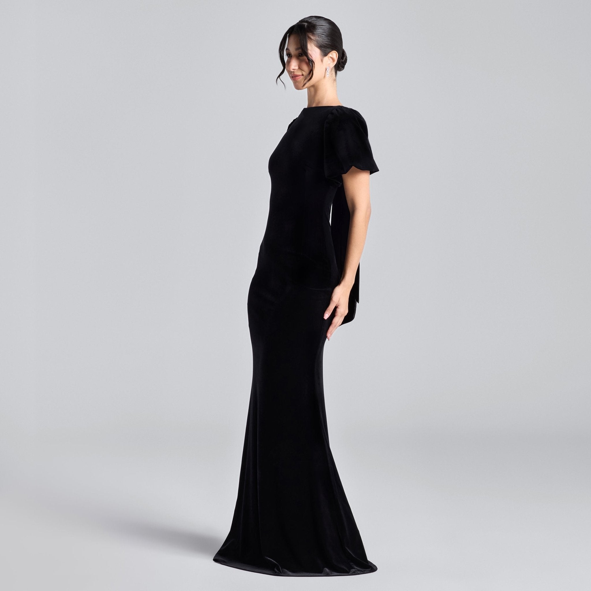 Black Velvet Dress with Back Satin Bow - shopaleena