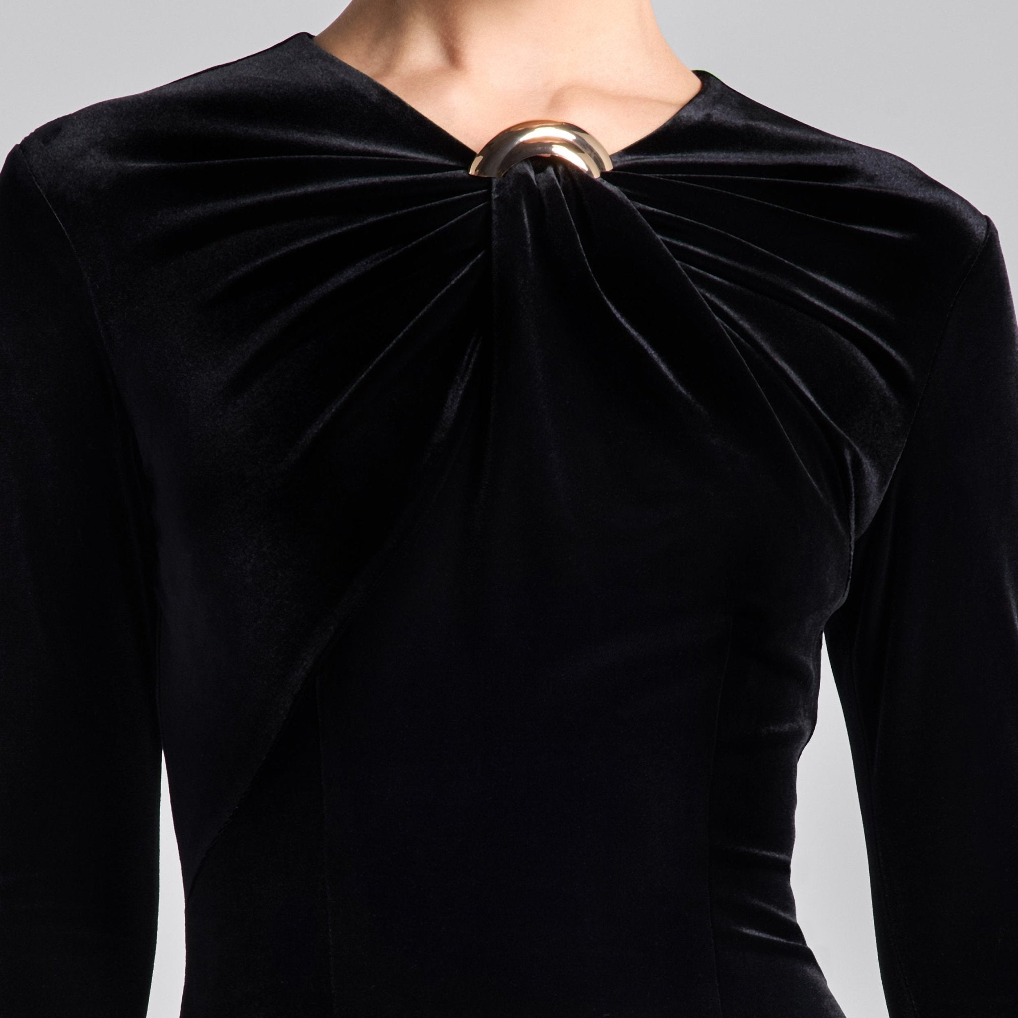 Black Velvet Front Ring Drape Maxi Dress - shopaleena