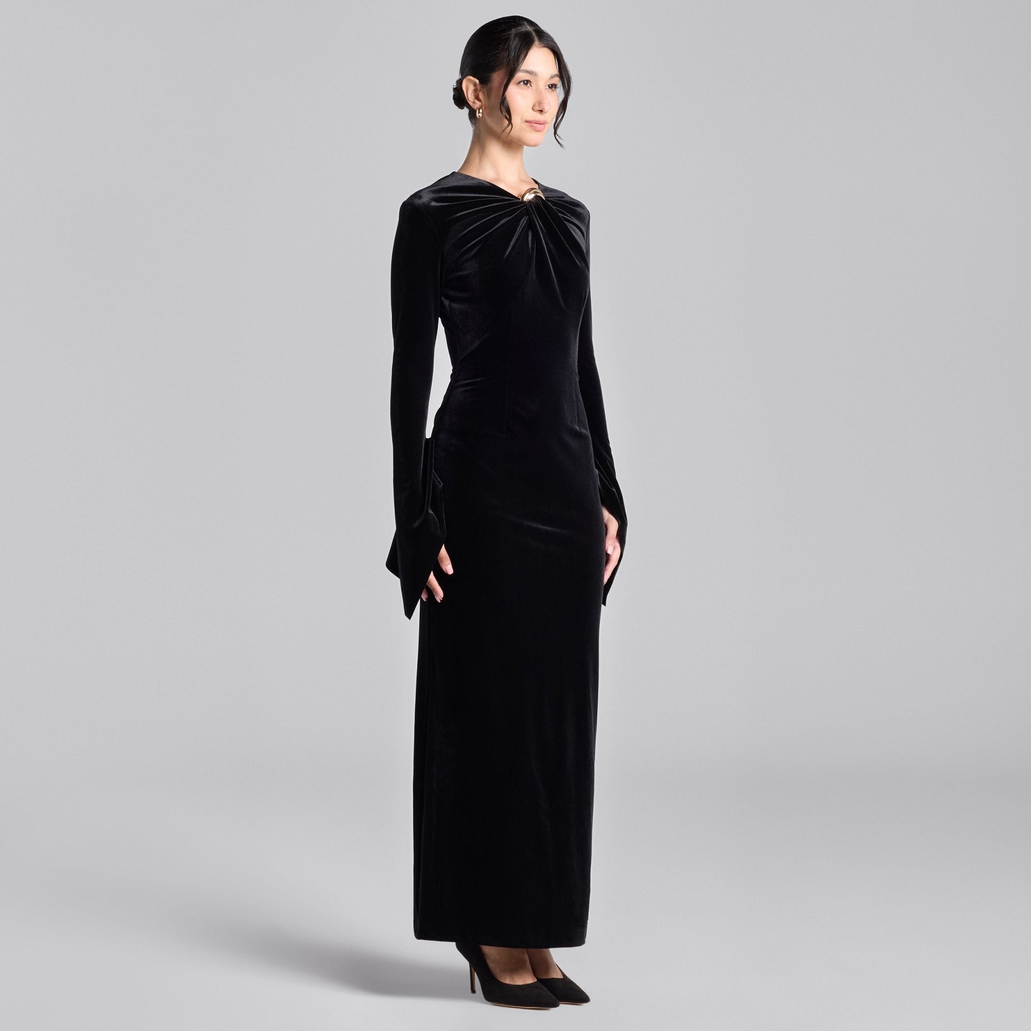 Black Velvet Front Ring Drape Maxi Dress - shopaleena