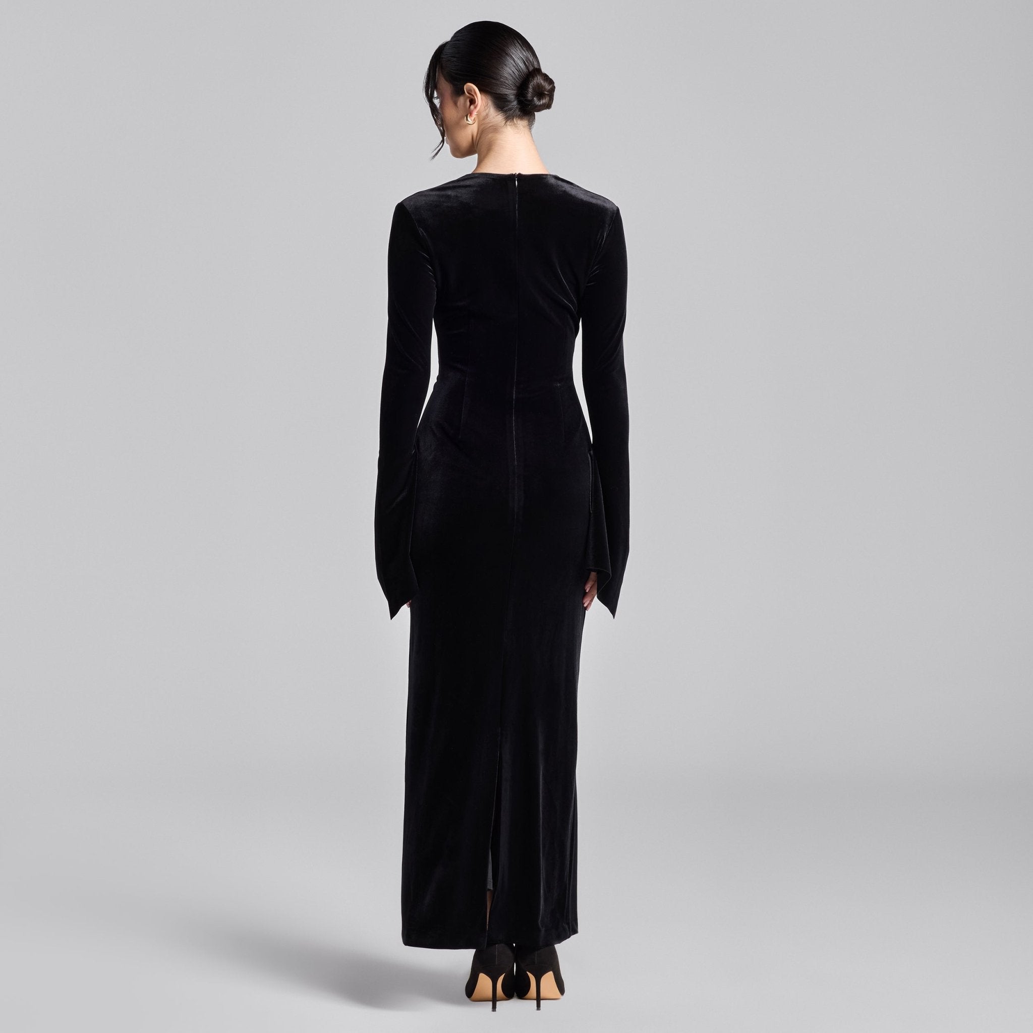 Black Velvet Front Ring Drape Maxi Dress - shopaleena