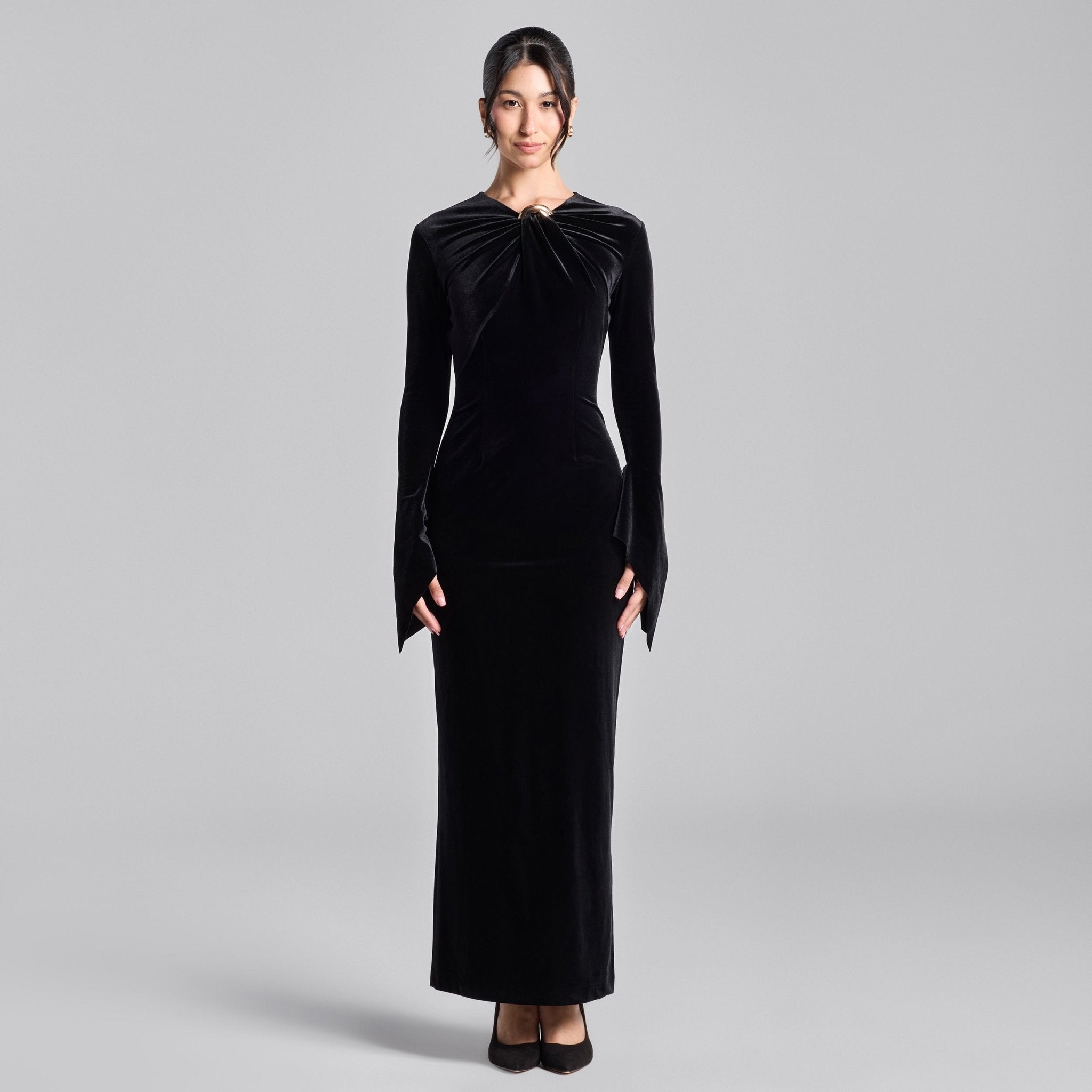 Black Velvet Front Ring Drape Maxi Dress - shopaleena