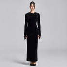 Black Velvet Front Ring Drape Maxi Dress - shopaleena