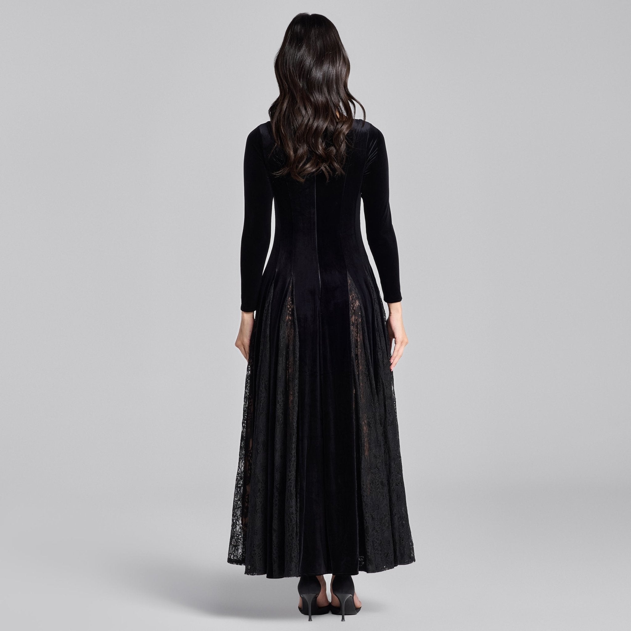 Black Velvet Maxi Dress with Lace Godets - shopaleena