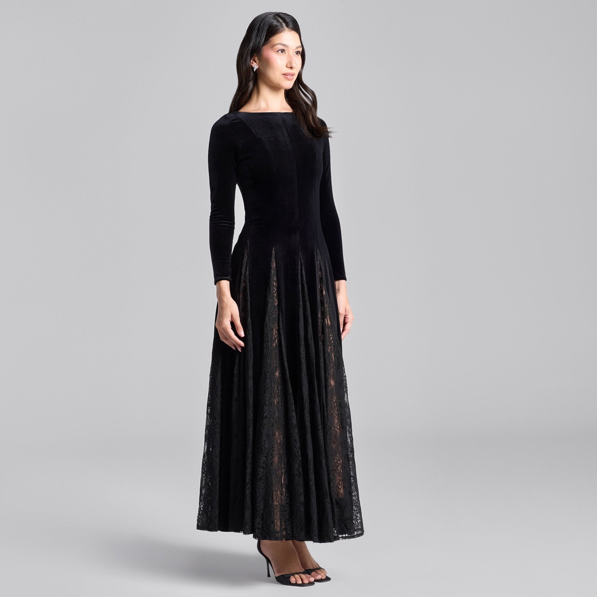 Black Velvet Maxi Dress with Lace Godets - shopaleena