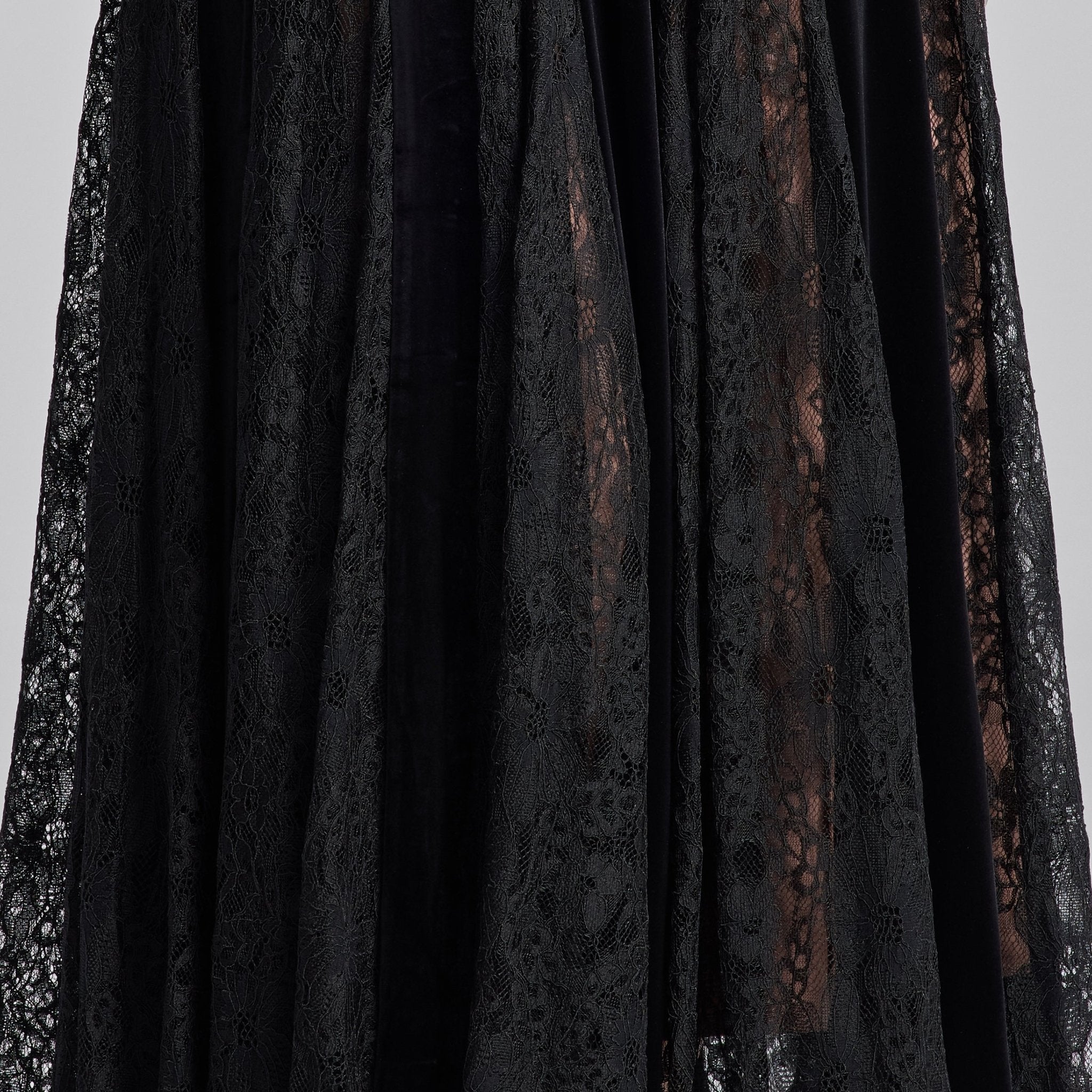 Black Velvet Maxi Dress with Lace Godets - shopaleena