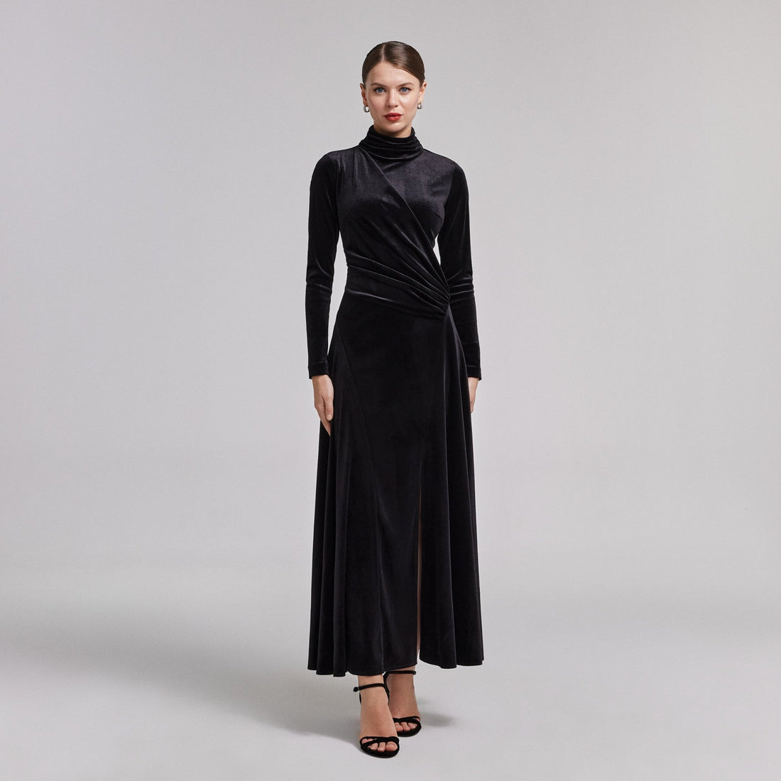 Black Velvet Mock Neck Maxi Dress - shopaleena